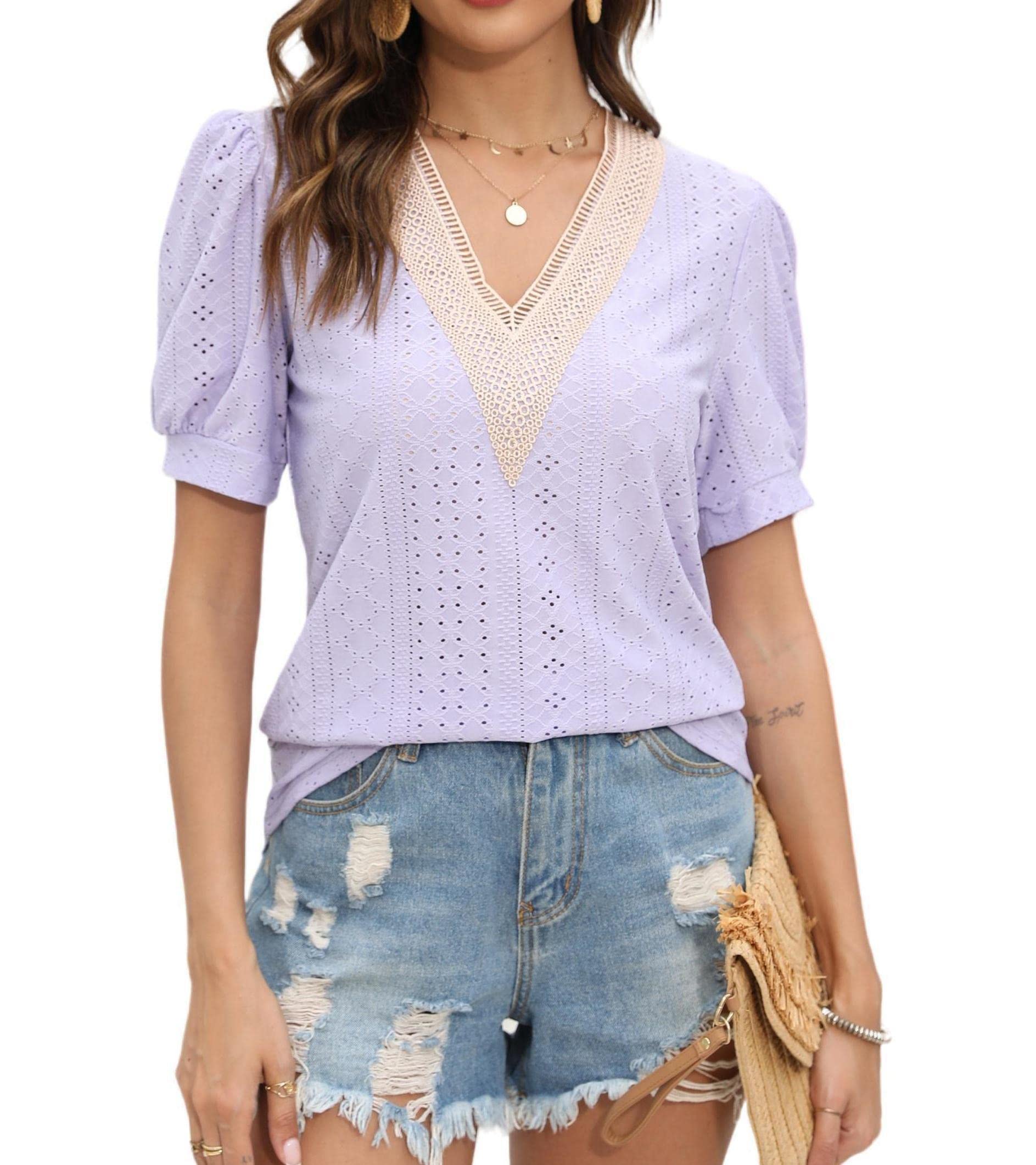 Women's Lace Crochet V-Neck Summer Tops - Casual Puff Sleeve Fashion T-Shirts - Cute Hollow Out Short Sleeve Blouse for Beach, Date Night & Summer Outfits