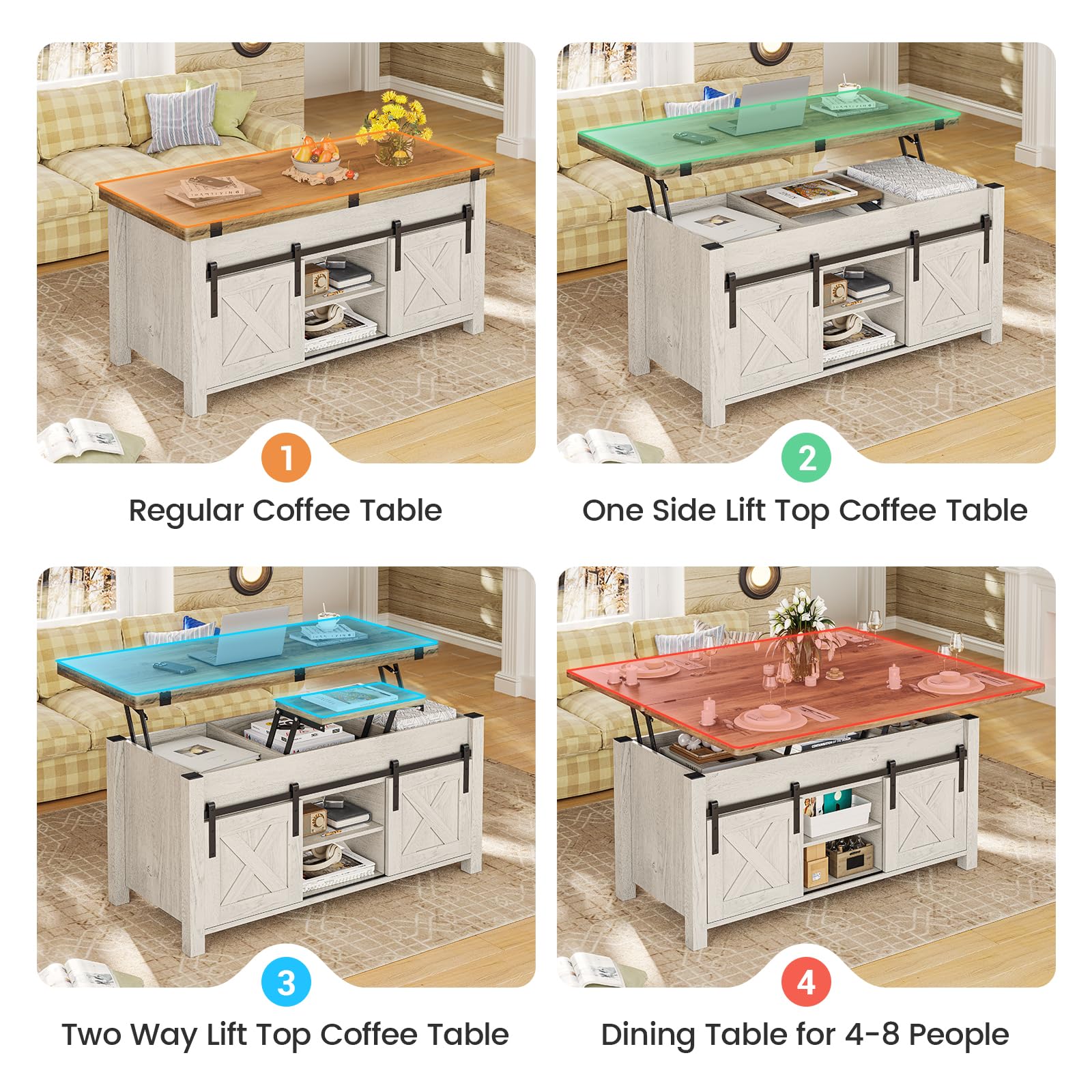 SEDETA 4-in-1 Lift Top Coffee Table with Storage & Hidden Compartment - Convertible Farmhouse Coffee Table to Dining Table for Living Room, Rustic Brown - Perfect for Small Spaces, Entertaining & Multifunctional Home Decor