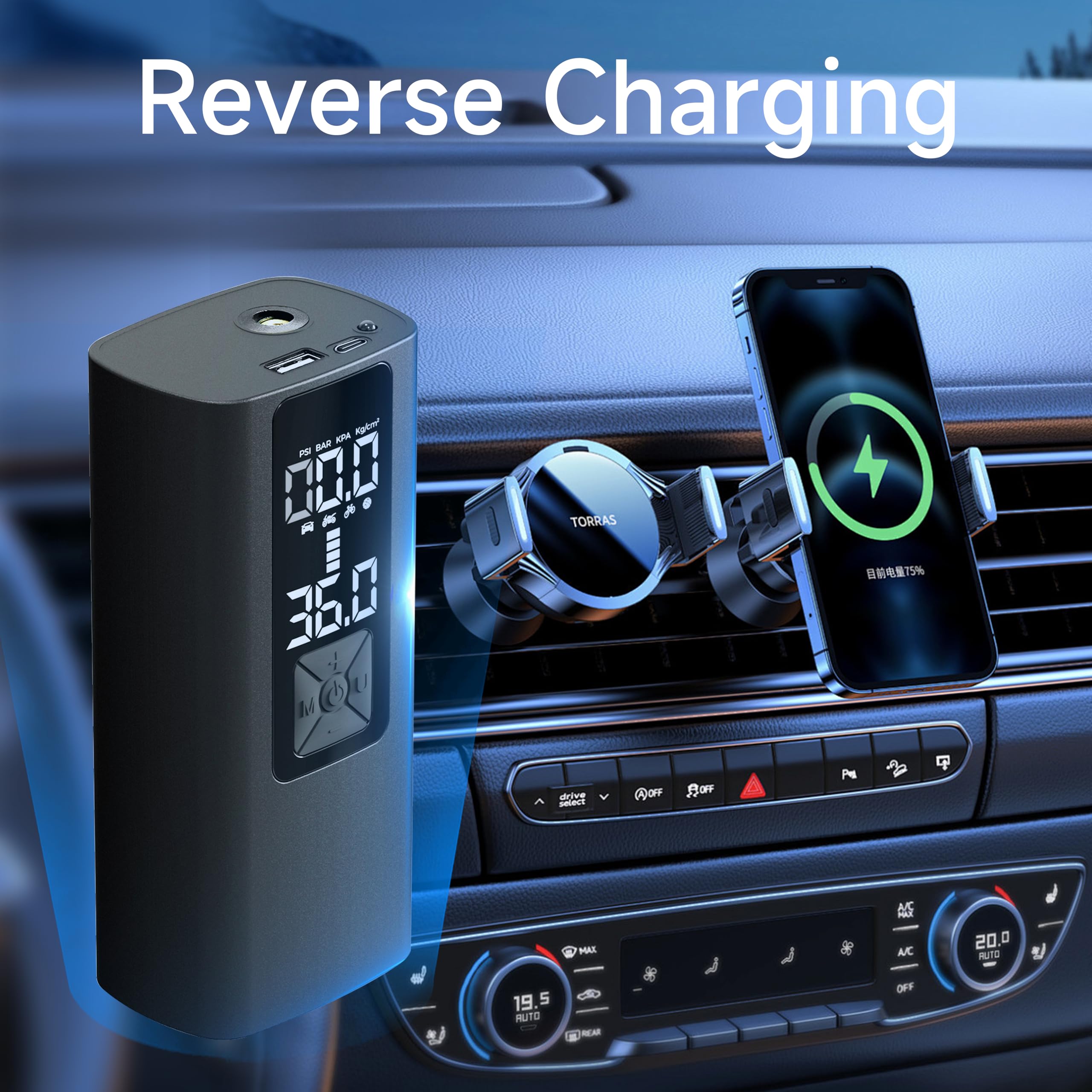 Portable Air Compressor for Car Tires - Digital Tire Inflator with Pressure Gauge, Fast 4X Inflation, Rechargeable Battery - Perfect for Cars, Motorcycles, Bikes, Sports Balls & Emergency Use (Includes LED Light & Power Bank Function)