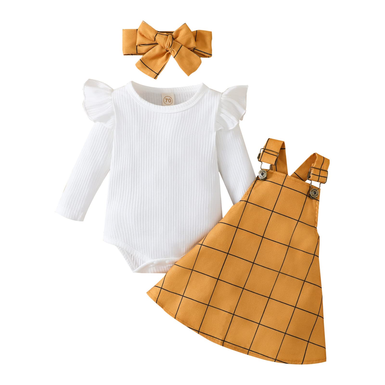 Adorable Infant Girls Outfits Set - Long Sleeve Ribbed Romper Bodysuits with Plaid Prints, Suspenders & Skirt Headbands | Perfect for Baby Showers, Birthday Parties & Family Photos