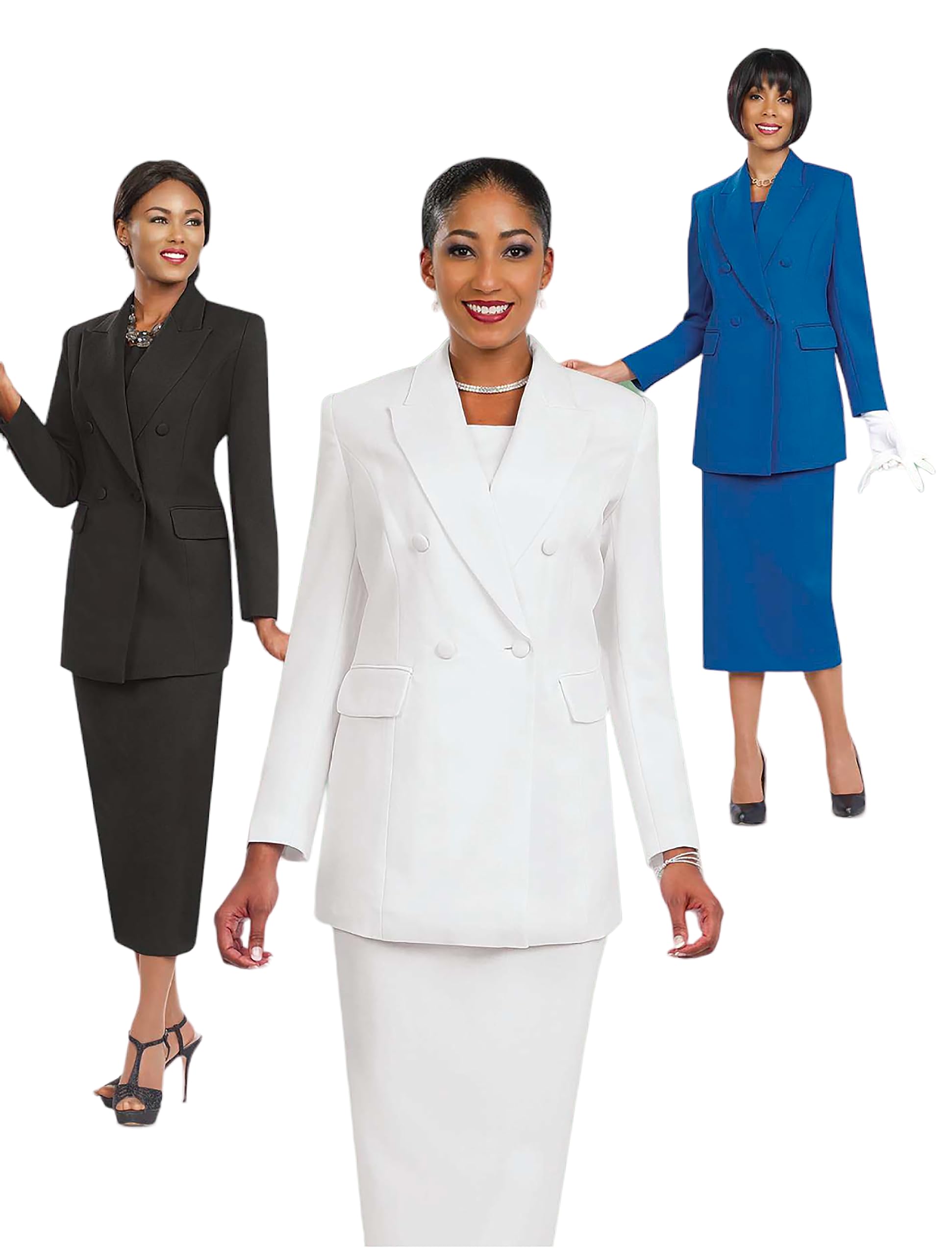 Ben Marc BM2298 Women's Two-Piece Skirt Suit Set - Double Breasted Button Jacket & Work Skirt with Gloves | Professional Office Attire, Business Formal Wear, Usher Uniform & Special Occasion Outfit
