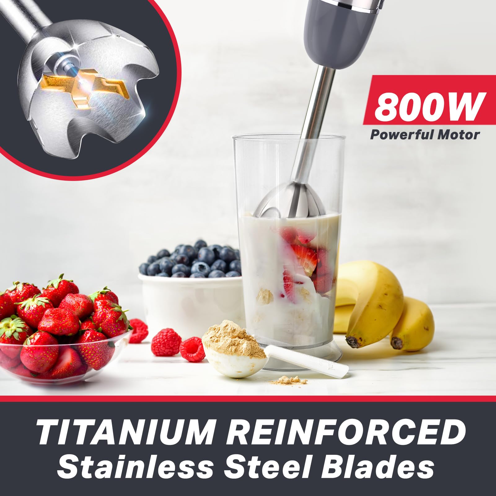 Mueller 800W 4-in-1 Immersion Blender Hand Mixer - 12 Speed with Turbo Boost, Heavy Duty Copper Motor & Titanium Blades, Includes Milk Frother, Whisk, Beaker & Chopper - Perfect for Smoothies, Soups, Sauces & Baking (Grey)