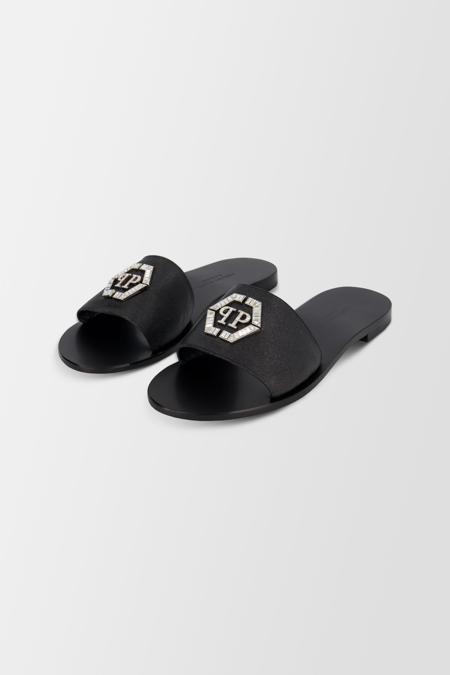Philipp Plein Black Hexagon Logo Flat Slides - Stylish & Comfortable Summer Sandals for Women - Perfect for Beach, Pool, and Casual Outings