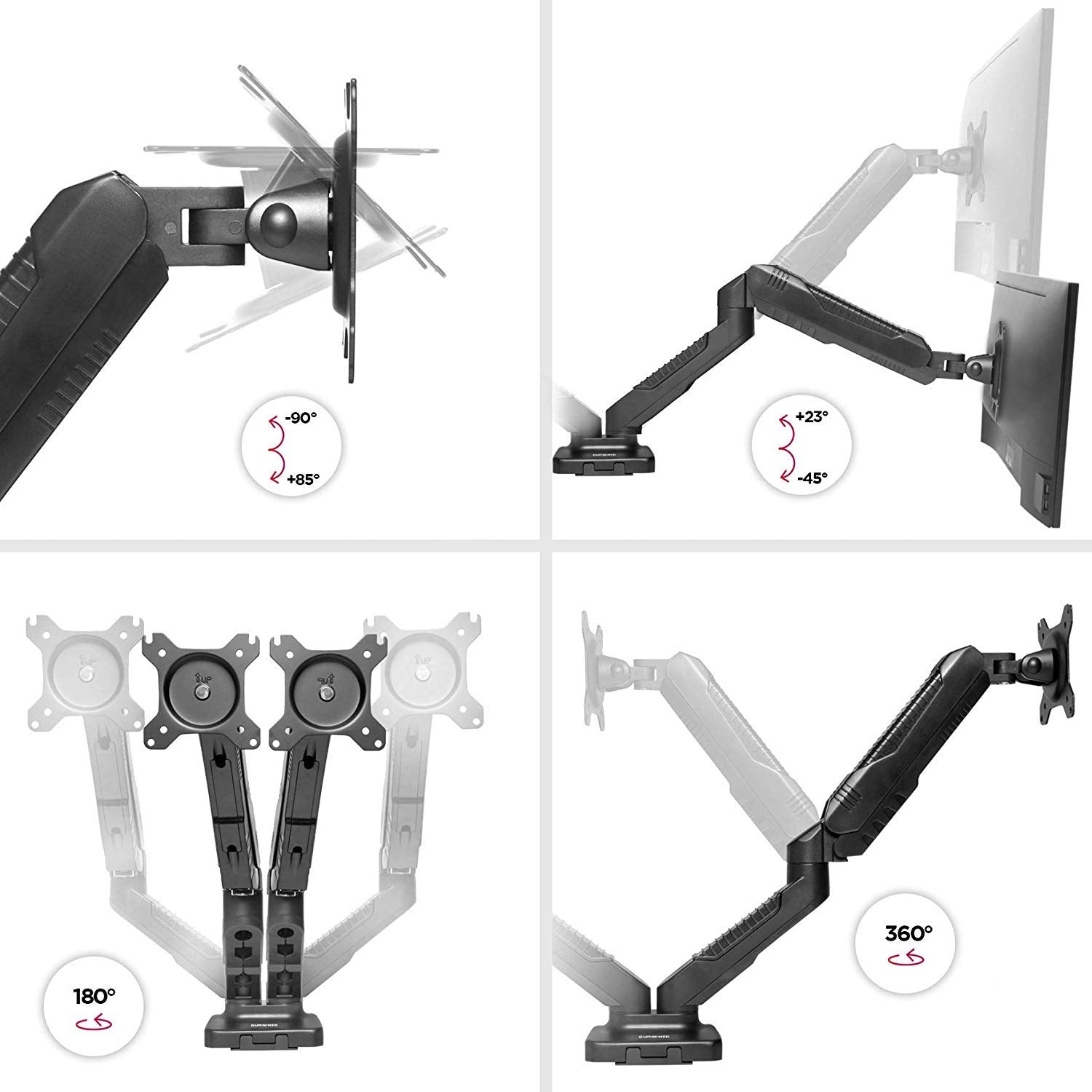 Duronic DMDC52 Dual Monitor Arm Stand - Black Gas Spring Desk Mount for 13-24 Inch Screens | Height Adjustable VESA 75/100 | 6.5kg Capacity | 90° Tilt, 180° Swivel, 360° Rotation | Perfect for Home Office & Gaming Setup