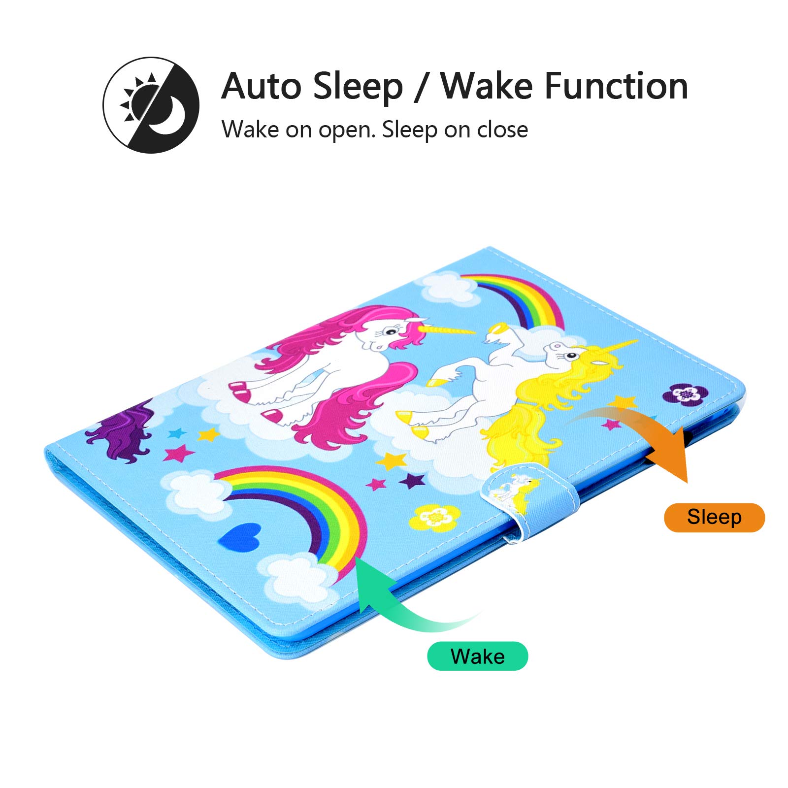 Premium PU Leather Folio Case for Apple iPad 9.7 Inch (6th/5th Gen & iPad Air 1/2) - Shockproof Stand Cover with Pencil Holder & Auto Sleep/Wake Feature - Rainbow Unicorn Design - Perfect for Work, School & Travel