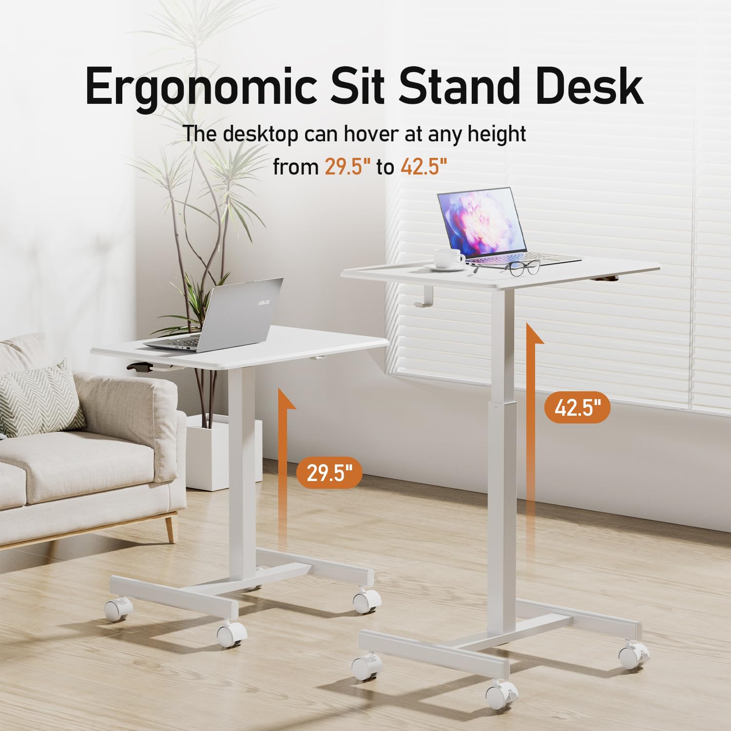 Adjustable Height Mobile Standing Desk with Lockable Wheels & Hook - Portable Rolling Laptop Desk for Home Office & Hospital Use - Perfect for Sit-Stand Workstations, Telemedicine Carts & Mobile Workstations