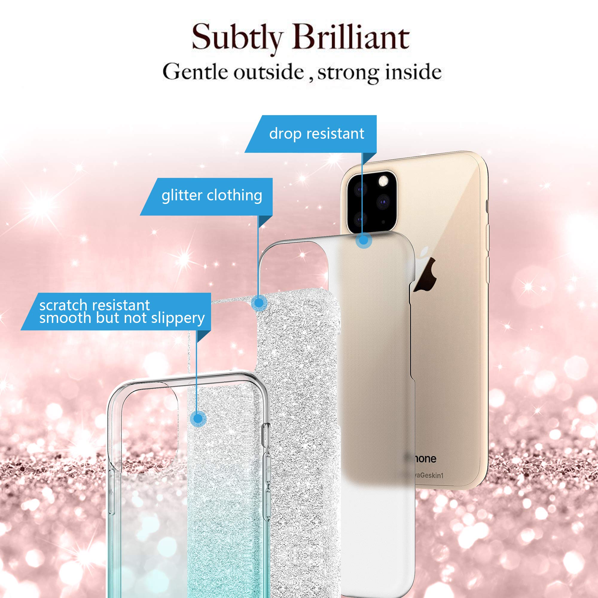 Rosebono iPhone 13 Pro Case - Slim Sparkle Glitter Protective Cover for Women | Fashion Luxury Bling Design in Silver/Teal | Perfect for Everyday Use, Parties & Gift Giving