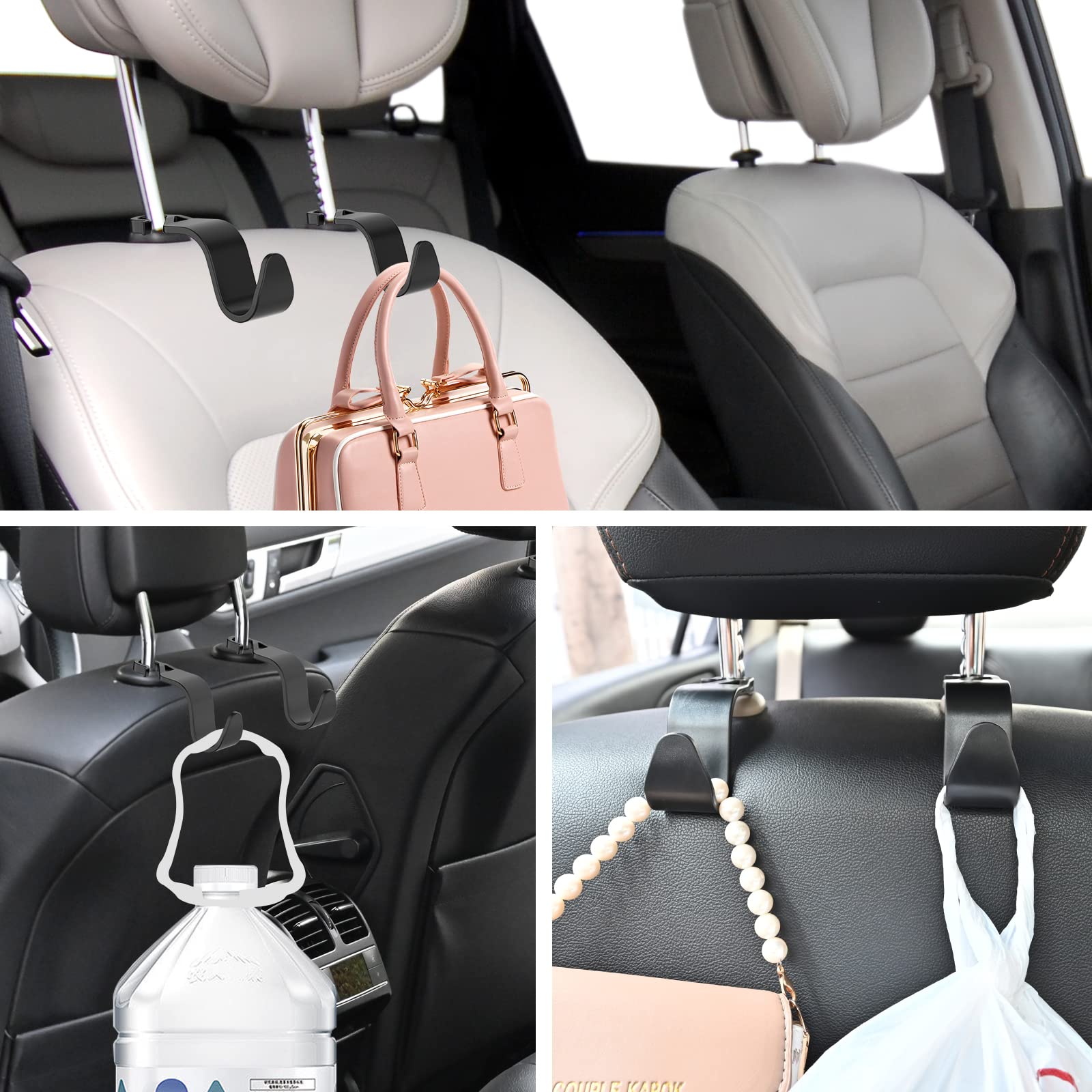 Universal Car Headrest Hook - 4 Pack Black for Handbag, Purse & Coat Storage
