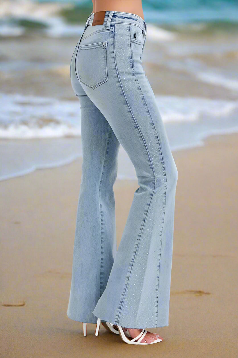 Judy Blue Women's Mid Rise Rhinestone Side Panel Flare Jeans - Stylish Stretch Denim Pants for Casual Wear & Night Out