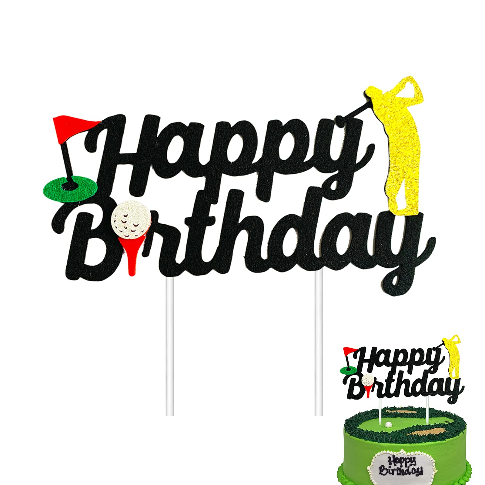 Golf Cake Topper - Black & Gold Golf Ball Birthday Party Decorations for Men, Women & Kids - Double Sided Glitter Sports Theme Cake Decor - Perfect for Golf Themed Birthday Parties, Retirement Celebrations & Sports Events