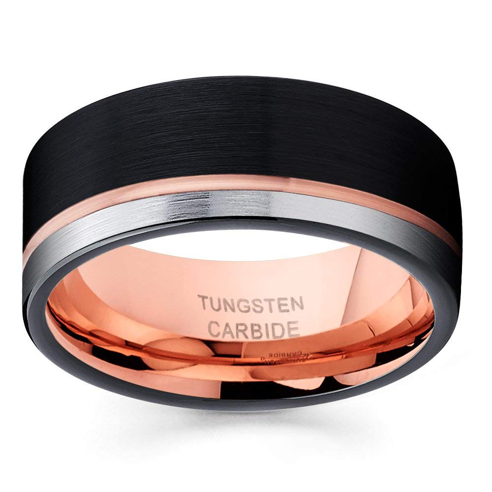 Rose Gold Tungsten Wedding Band for Men & Women - Black Tungsten Ring with 18k Rose Gold Plating - Anniversary & Engagement Ring - Comfort Fit Design for Everyday Wear & Special Occasions