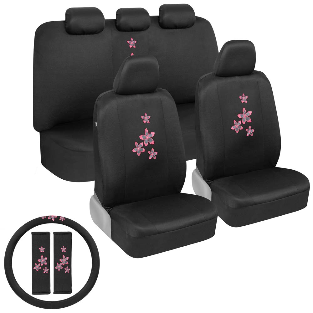 BDK Pink Floral Car Seat Covers Full Set with Steering Wheel Cover & Seat Belt Pads - Universal Fit for Cars, Trucks, Vans & SUVs | Premium Embroidered Accessories | Perfect for Daily Commute, Road Trips & Car Interior Protection