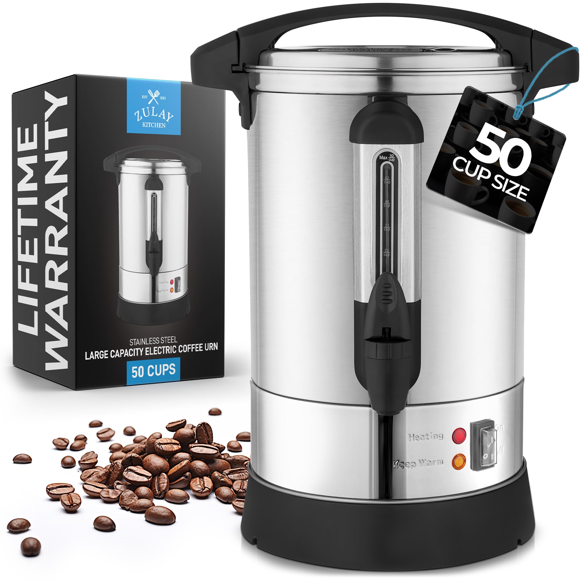 Zulay 50 Cup Commercial Coffee Maker - Stainless Steel Large Percolator Pot with Quick Brew Technology & Double-Wall Insulation - Keeps Coffee, Tea & Beverages Hot for Hours - Perfect for Events, Catering, Offices & Restaurants