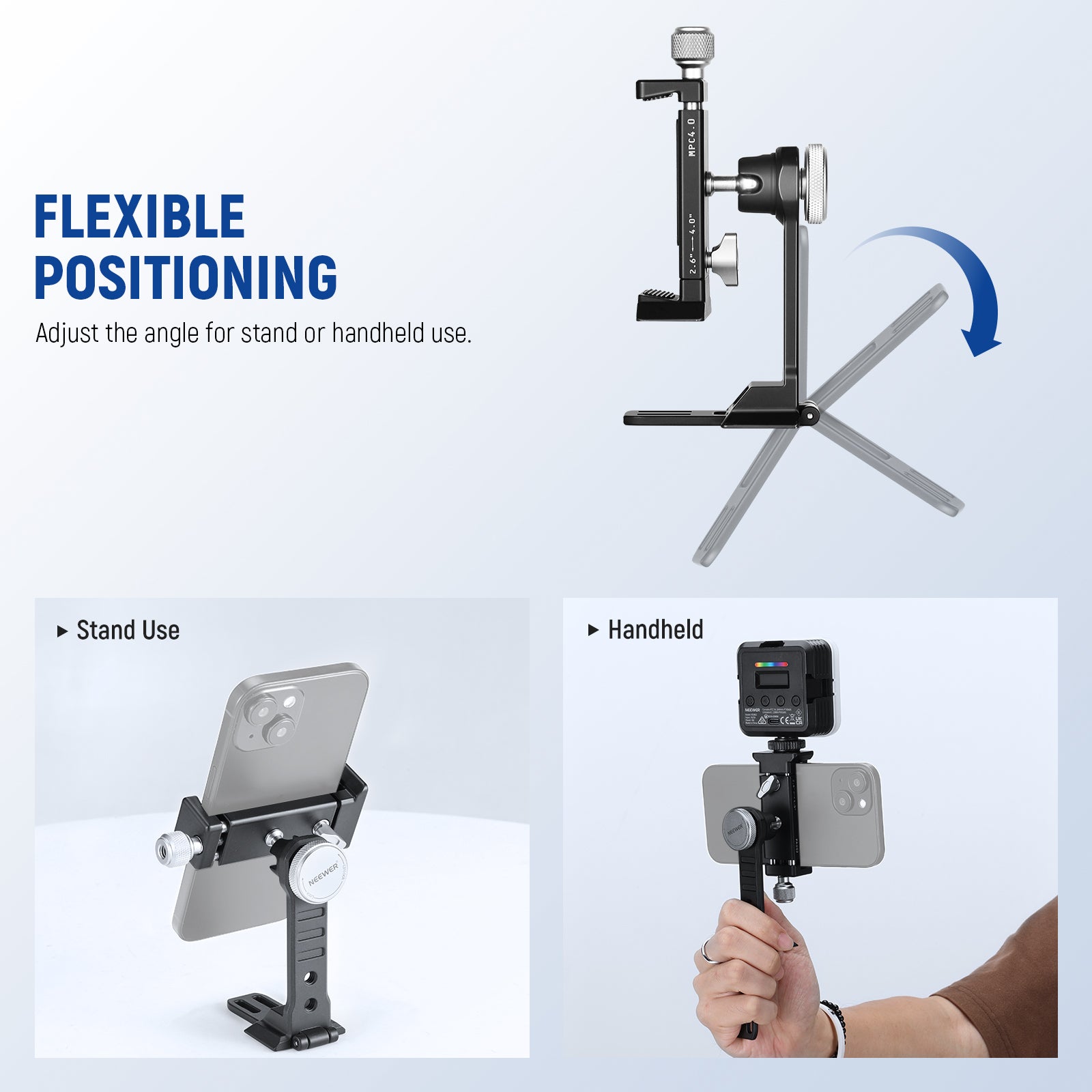 NEEWER PA002 Aluminum Alloy Smartphone Tripod Mount - Adjustable Phone Holder Stand for Vlogging, Live Streaming & Photography (Compatible with iPhone & Android)