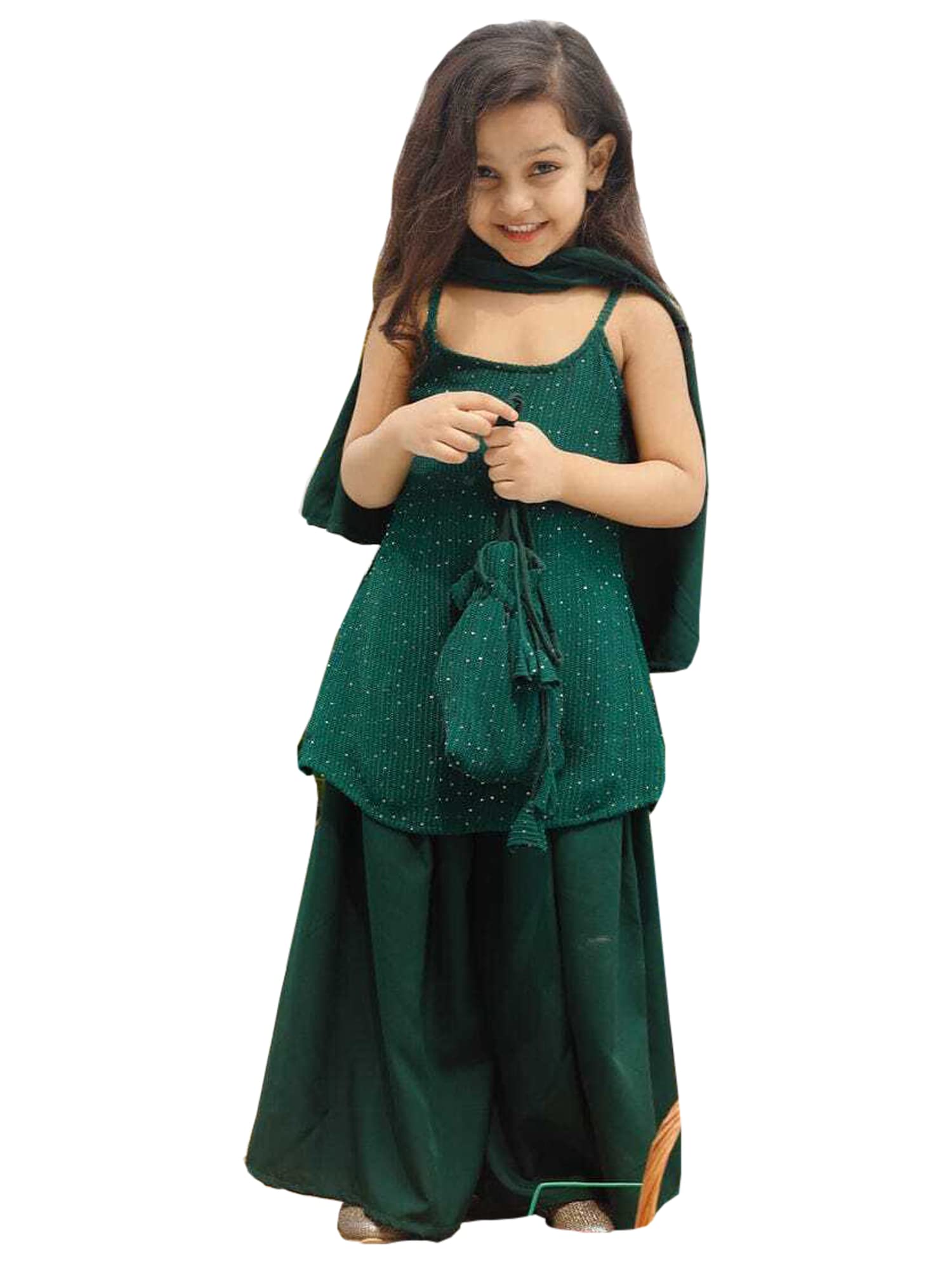 Indian Kids Festival Outfit - Bottle Green Rayon Sequin Strap Kurti & Sharara Palazzo Set for Girls with Dupatta and Potli Bag (Style 463T) - Perfect for Diwali, Weddings & Cultural Celebrations