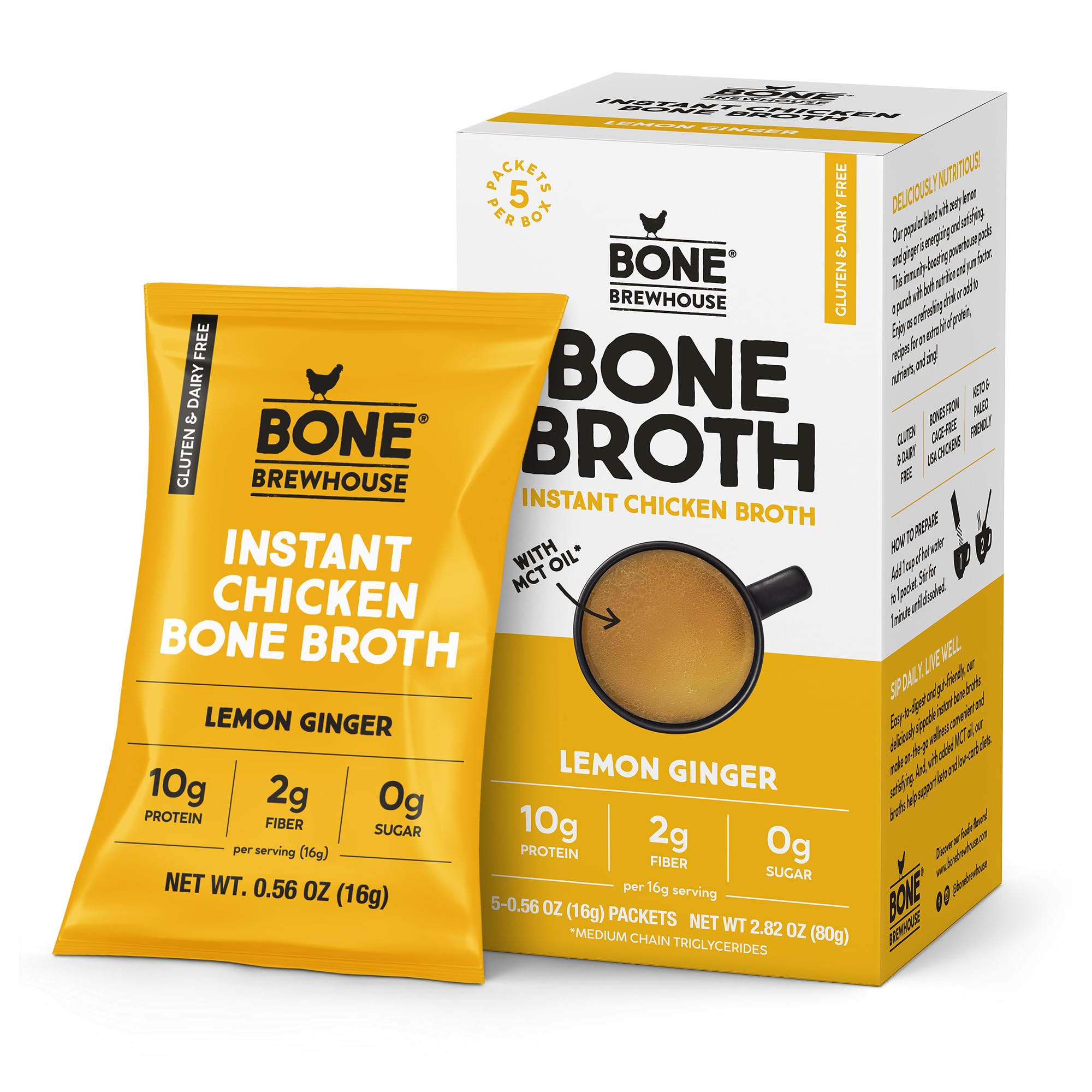 Bone Brewhouse Chicken Bone Broth Protein Powder - Lemon Ginger Flavor - Keto Paleo Friendly Instant Soup - 10g Protein per Serving - Natural Collagen Supplement - Gluten Free Dairy Free - 5 Servings - Perfect for Post-Workout Recovery & Keto Diet Meals