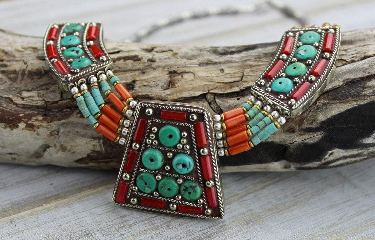 Agni Necklace with Tibetan Coral and Turquoise Beads – Handmade Spiritual Jewelry for Meditation, Yoga & Boho Fashion