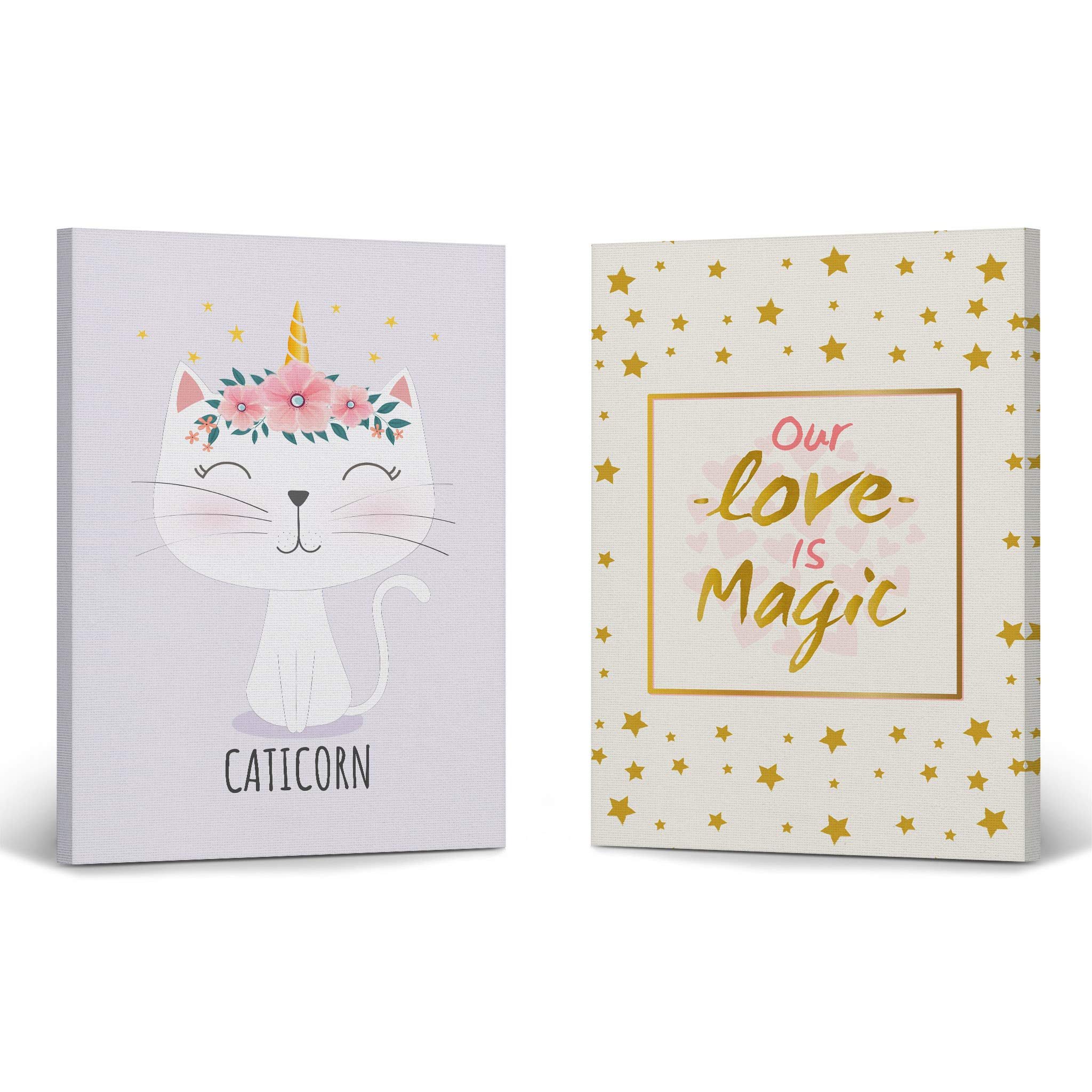 Cute Caticorn Unicorn Canvas Wall Art Set - 'Our Love is Magic' Quote 2-Panel Nursery Decor (40x30 inches x2) | Made in USA | Perfect for Kids Room, Baby Nursery & Playroom Wall Decor