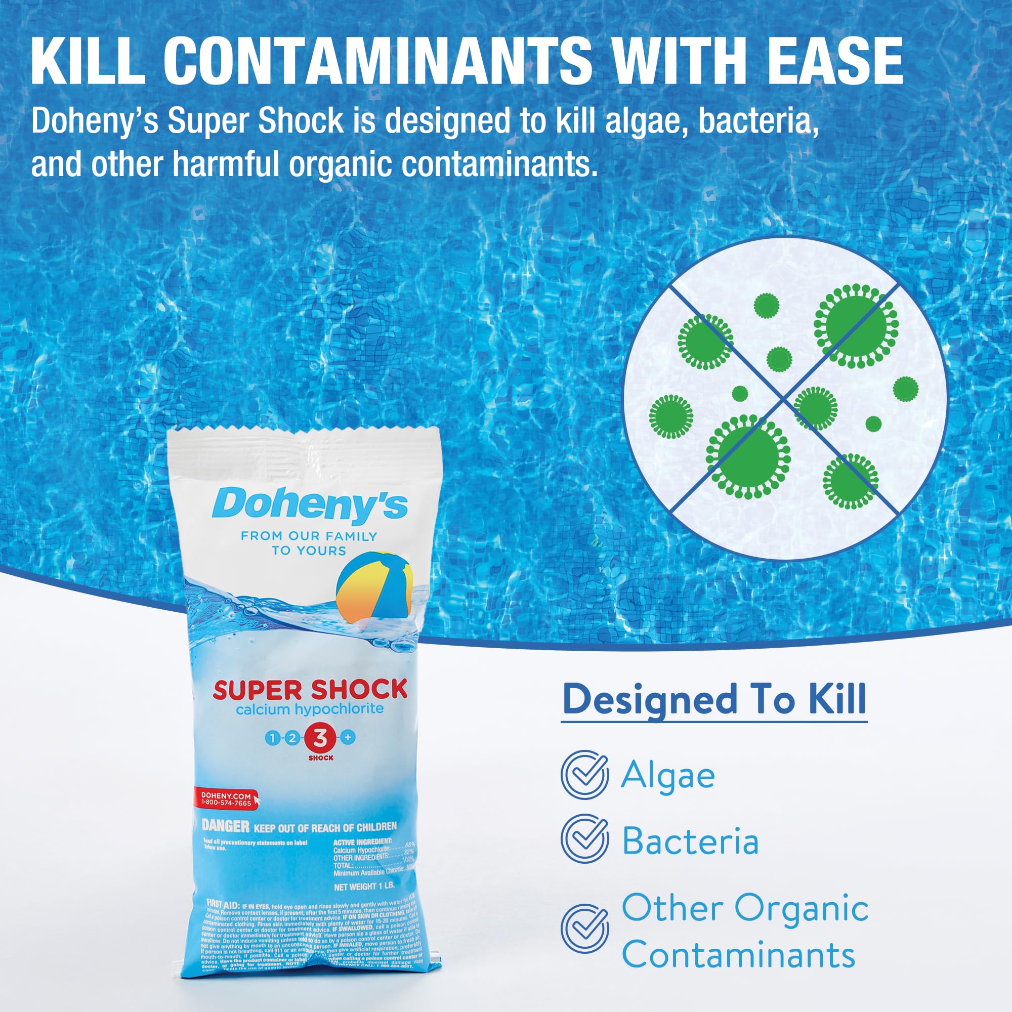 Doheny's Super Pool Shock | 68% Cal-Hypo Granular Chlorine Shock for Pools - Quick Dissolving, Fast Acting, Professional Grade | 24 x 1lb Bags | Made in USA | Perfect for Weekly Maintenance, Algae Treatment & Pool Opening/Closing