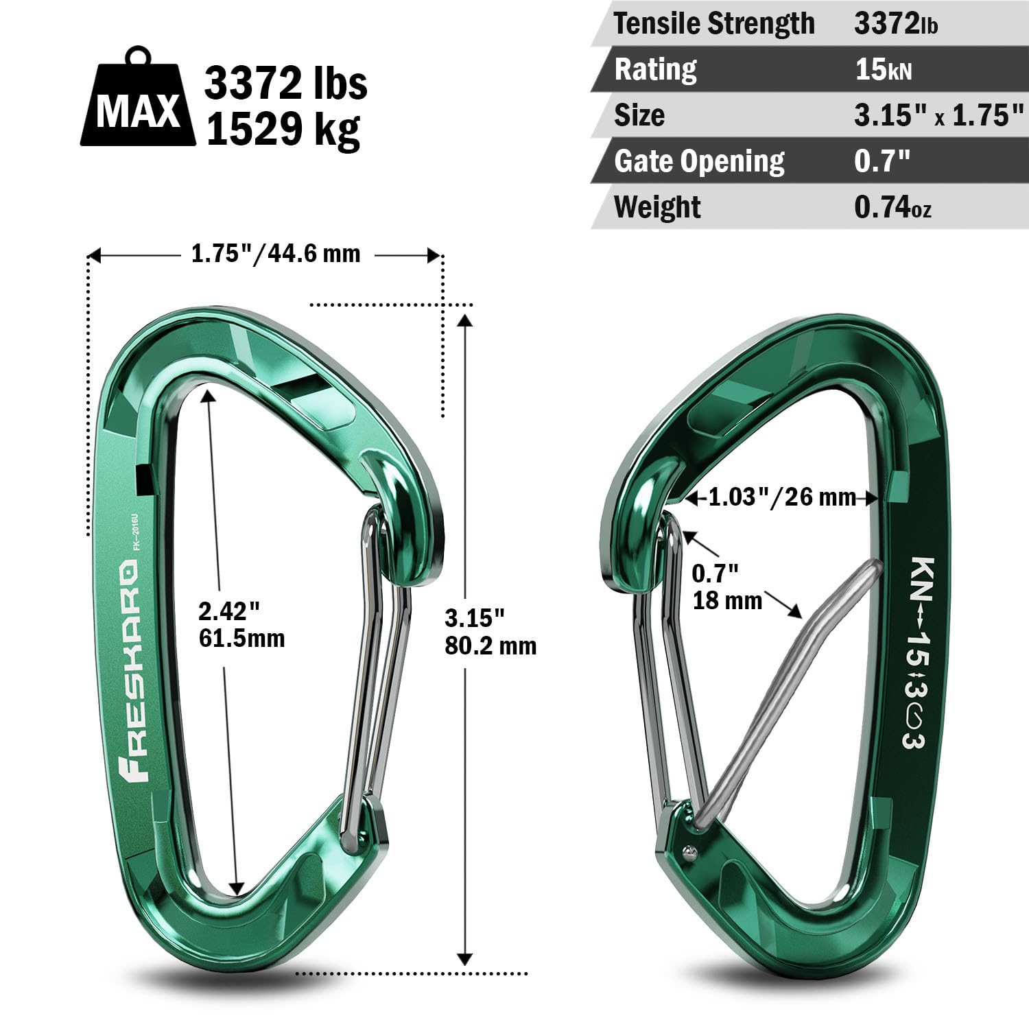 FresKaro 15kN-3372lbs Heavy Duty Wiregate Carabiners - Premium Stainless Steel Spring Gate for Camping, Hiking, Hammocks & Outdoor Gear - 3.15 Inch Climbing Carabiner for Backpacking, Dog Leash & Safety Equipment