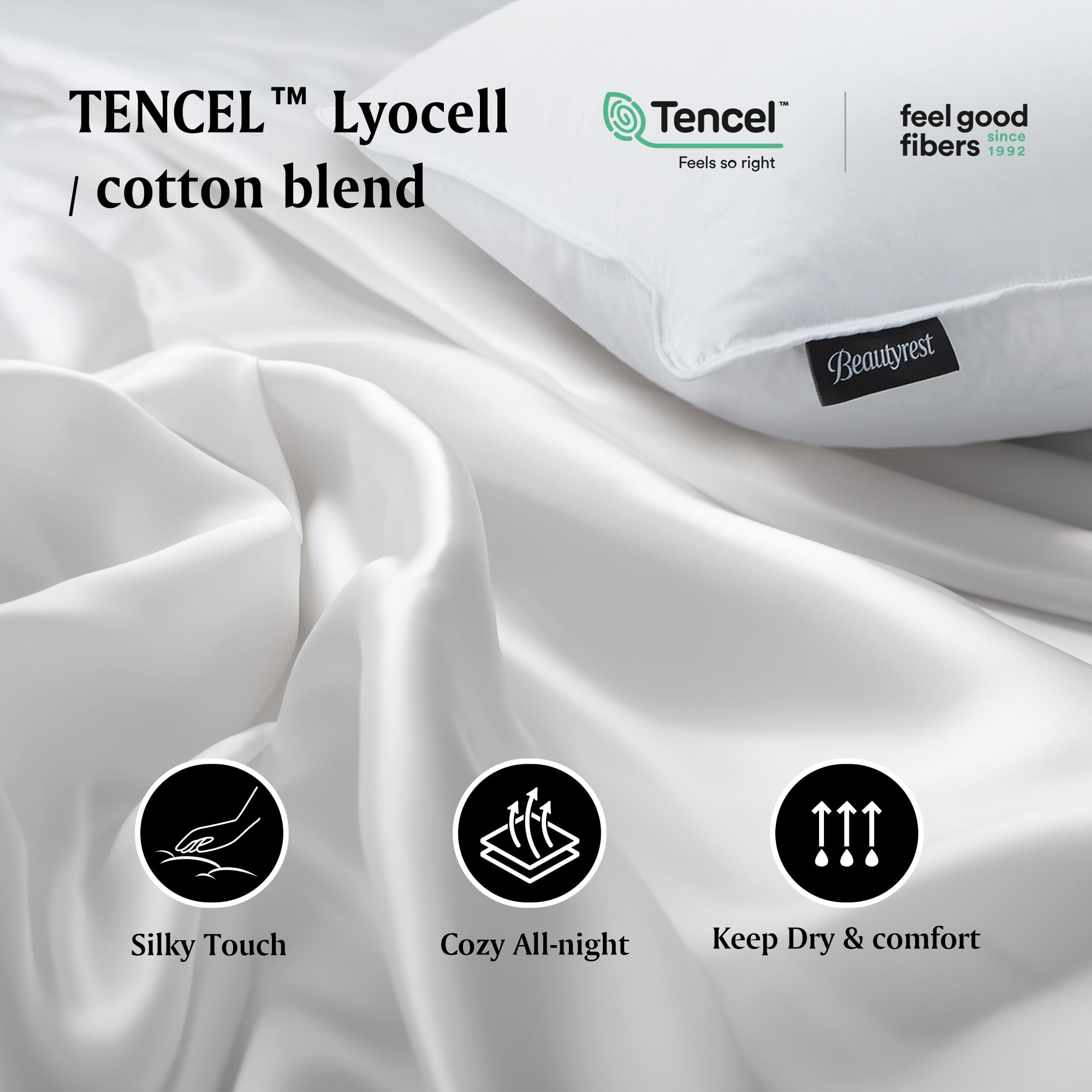 Beautyrest Hypoallergenic White Down Pillow with Tencel/Cotton Blend Cover - Cooling & Breathable King Size Bed Pillow (36