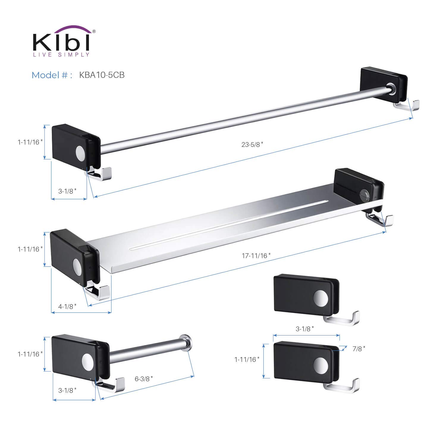 KIBI Artis 5-Piece Wall Mounted Bathroom Hardware Set - Chrome Black Finish | Modern Towel Bar, Robe Hook & Shelf Combo for Bathroom Organization & Spa-Like Decor