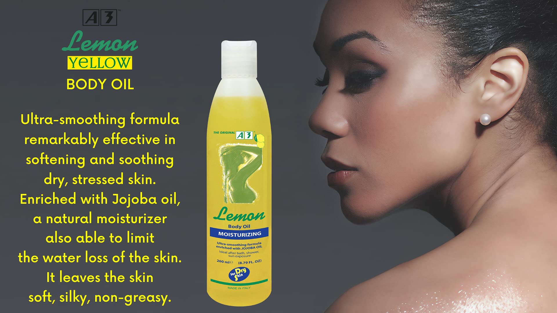 Lemon Moisturizing Body Oil for Dry Skin - 260ml A3 Hydrating & Nourishing - Perfect for Massage, Spa & Daily Skincare Routine