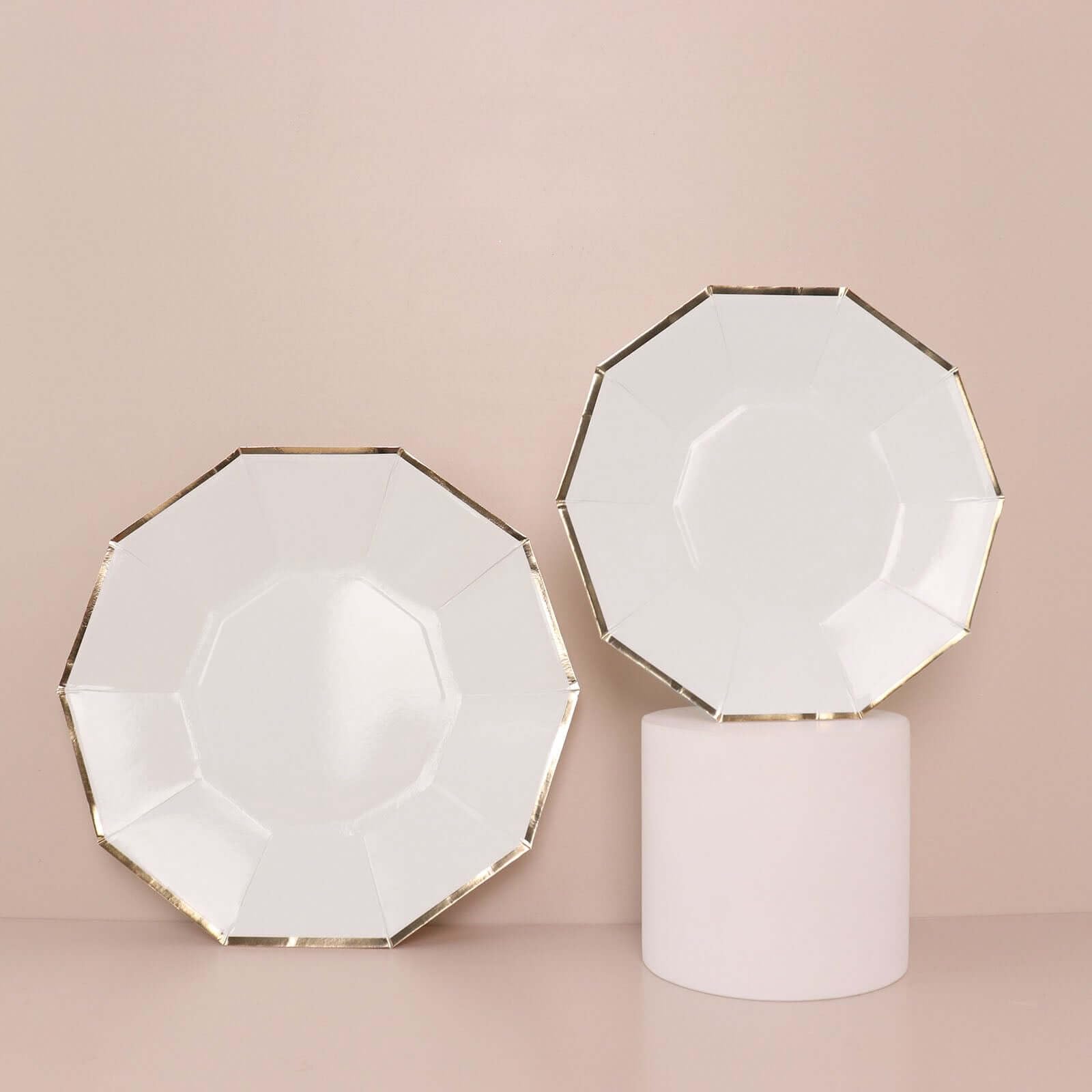 Efavormart 25 Pack 7 Inch Gold Rim White Decagon Dessert Plates, Appetizer Plates & Salad Plates - 300 GSM Heavy Duty Paper Plates for Parties, Weddings & Special Events