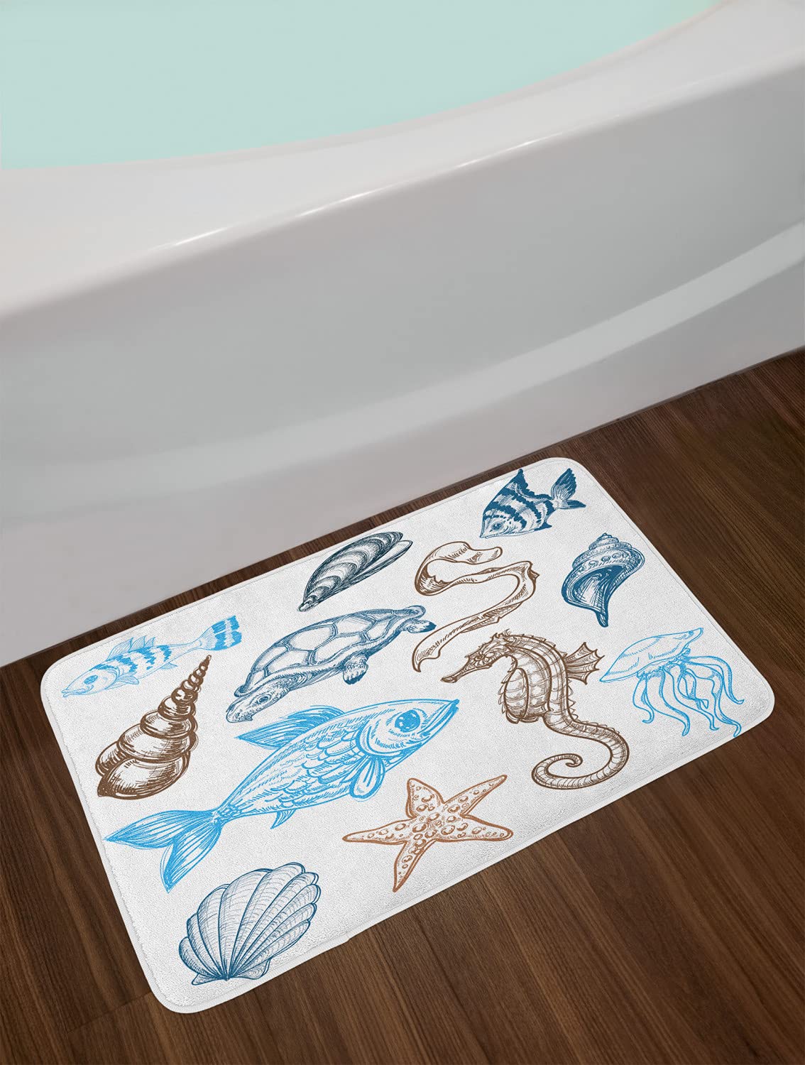 Ambesonne Non-Slip Plush Bath Mat - Underwater Marine Life Design with Fish, Shells, Jellyfish, Oyster, Squid & Seahorse - 30.2