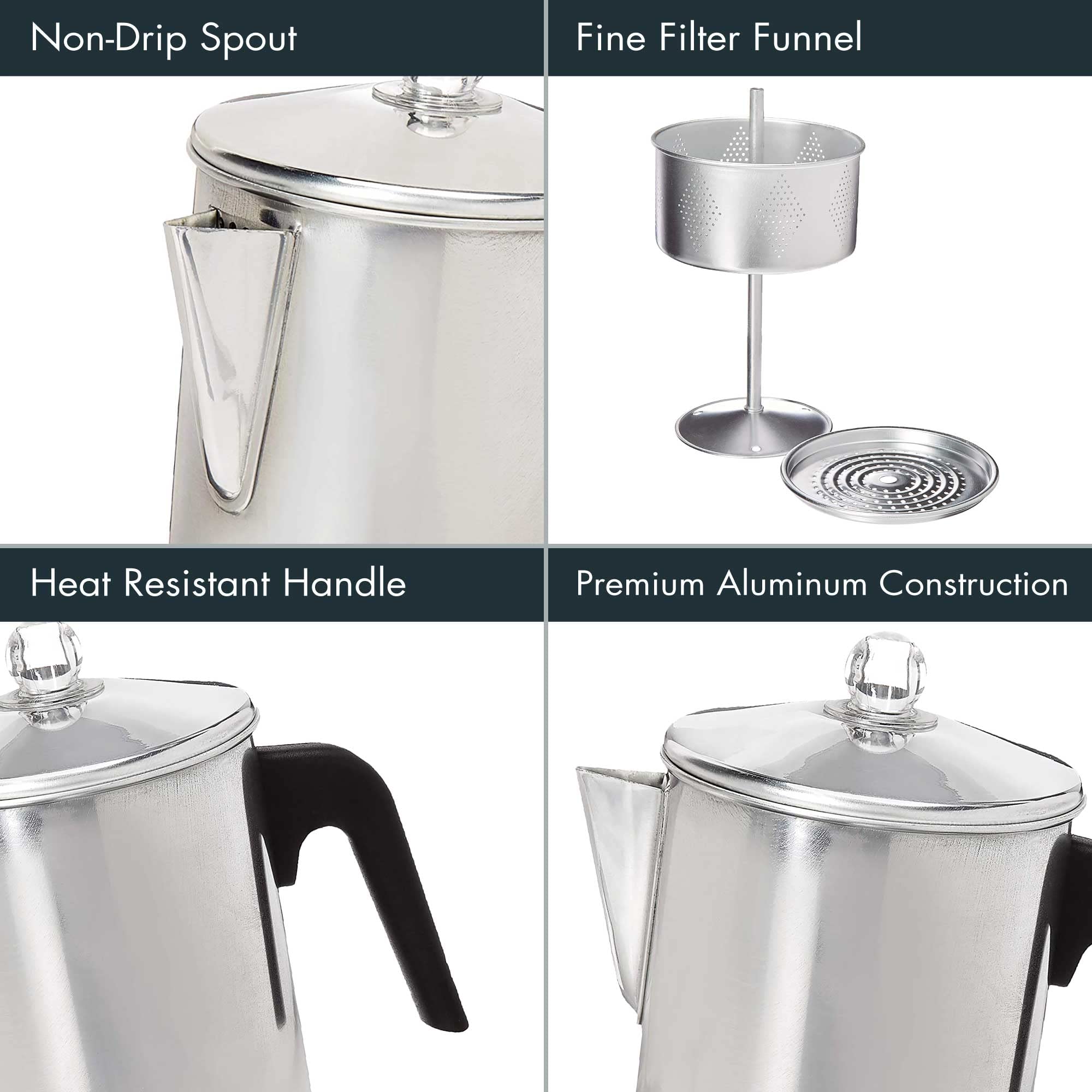 Prima Today 9-Cup Aluminum Stovetop Coffee Percolator - Durable Stove Top Coffee Maker for Camping, RV Travel & Home Use - Silver