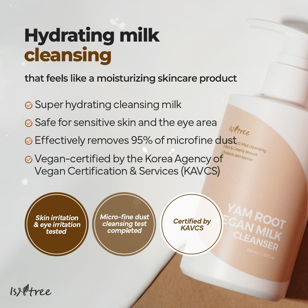 IsNtree Yam Root Vegan Milk Cleanser 220ml (7.43 fl.oz) - Korean Skincare for Hydration & Gentle Cleansing | Rich Creamy Texture | Vegan & Cruelty-Free | Perfect for Dry & Sensitive Skin - Morning & Night Face Wash Routine