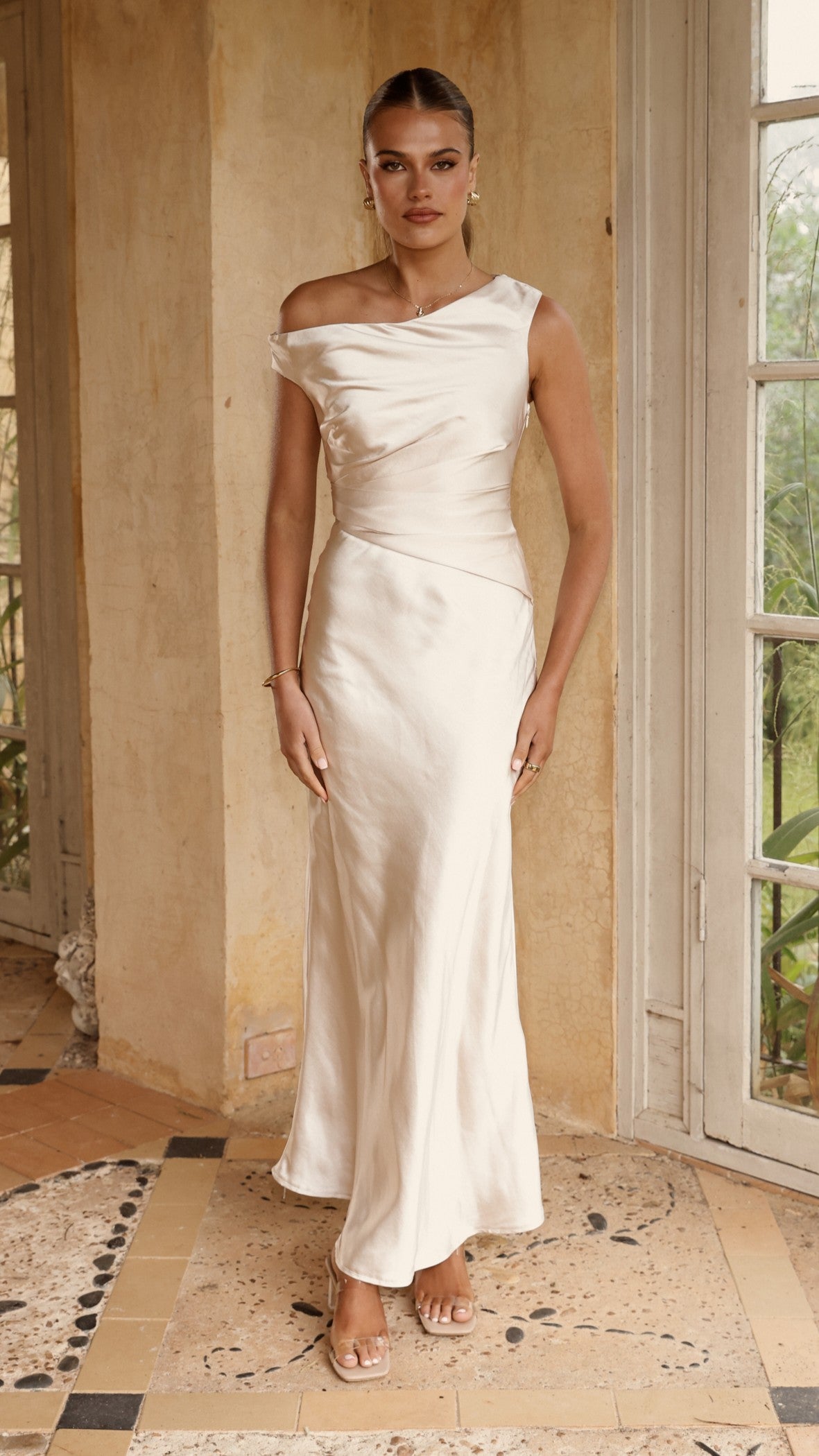 Auria Off Shoulder Maxi Dress in Champagne - Elegant Summer Beach Wedding Guest Dress for Women