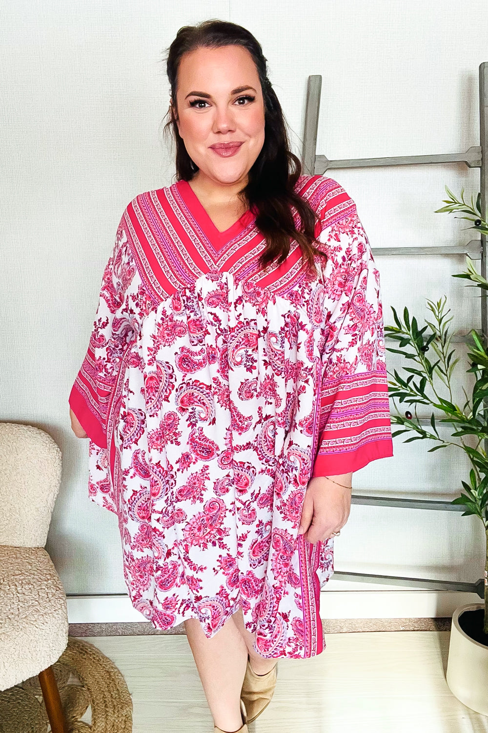Stylish Red & Pink Paisley Drop Shoulder Kimono Dress for Women | Boho Chic Cover Up | Perfect for Beach, Festival & Summer Outfits