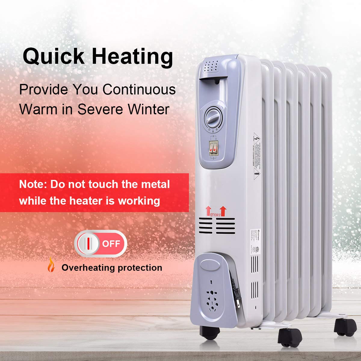 GOFLAME 1500W Oil Filled Radiator Heater - Portable Electric Space Heater with Adjustable Thermostat, 3 Heat Settings, Tip-Over & Overheat Protection | Quiet Operation for Bedroom, Office, Living Room & Small Spaces | Energy Efficient Indoor Heating Solution