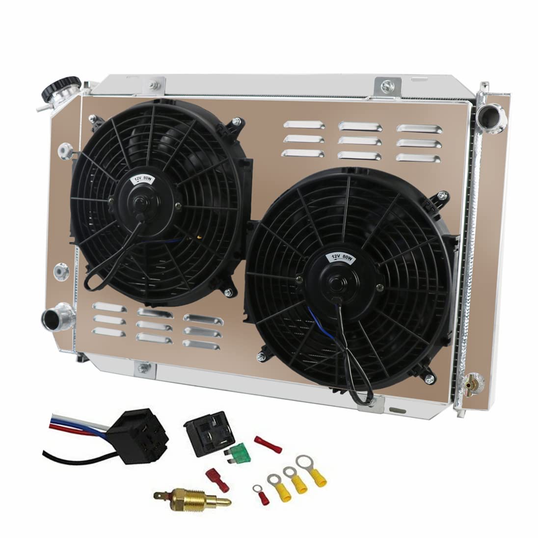 Ford Mustang 1980-1993 Aluminum Radiator Kit - 3 Row Full Aluminum Radiator with Fan Shroud & Thermostat Relay | Fits Thunderbird 80-88, Mercury Cougar 80-88, Lincoln Mark VII 84-92 | Perfect for Engine Cooling & Performance Upgrades