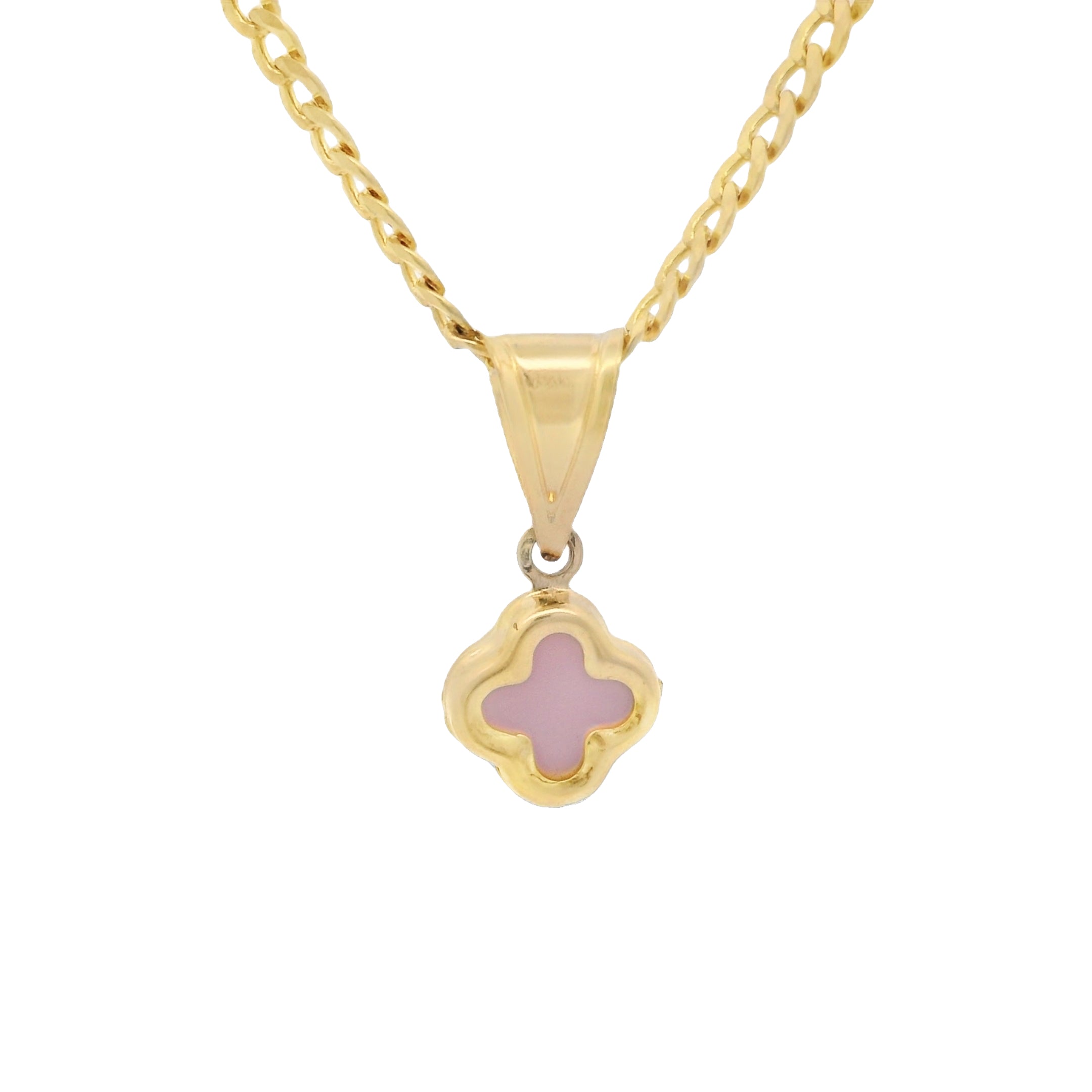 14K Solid Gold Pink Clover Pendant Necklace with 16