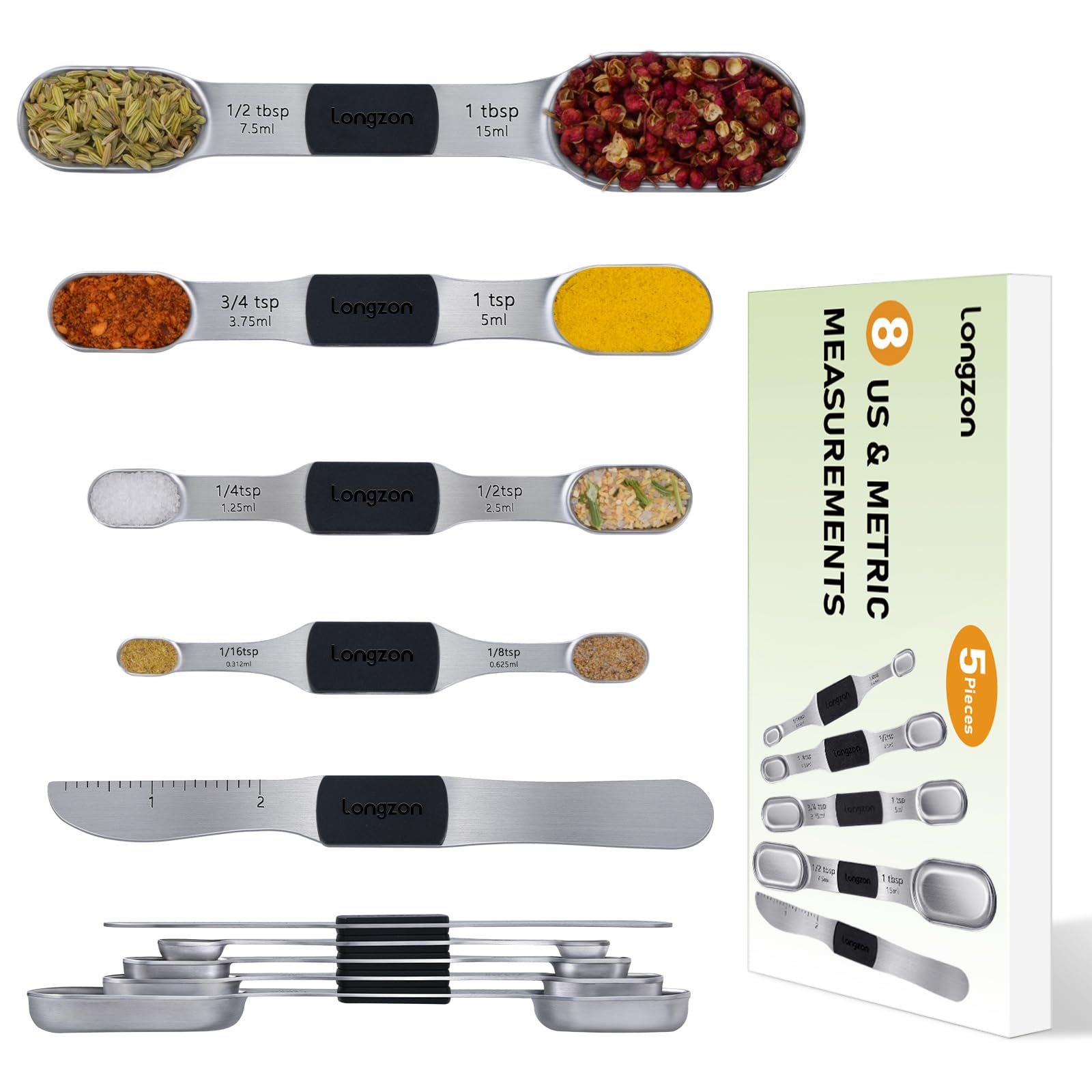2024 New Longzon 8-Piece Magnetic Measuring Spoon Set with Leveler - Durable Engraved Stainless Steel Spoons for Baking, Cooking & Spices - Perfect for Kitchen, Coffee, Protein Powder & Spice Jars