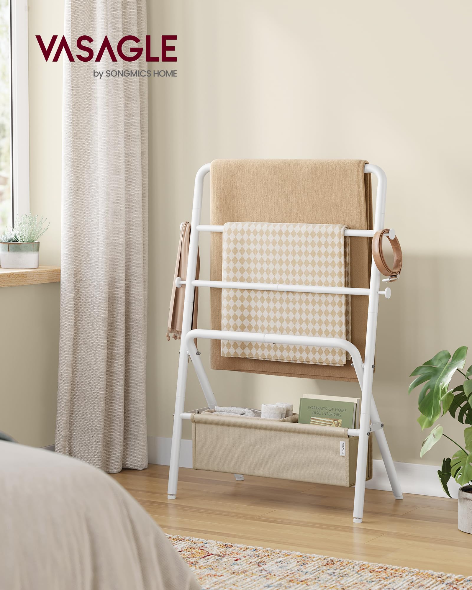 VASAGLE Freestanding Towel Rack with 4 Hooks, Foldable Blanket Holder & Fabric Basket, 39 Inch Height, Pearl White & Camel Brown - Perfect for Bedroom, Living Room & Bathroom Organization | Space-Saving Storage Solution for Towels, Blankets & Clothes