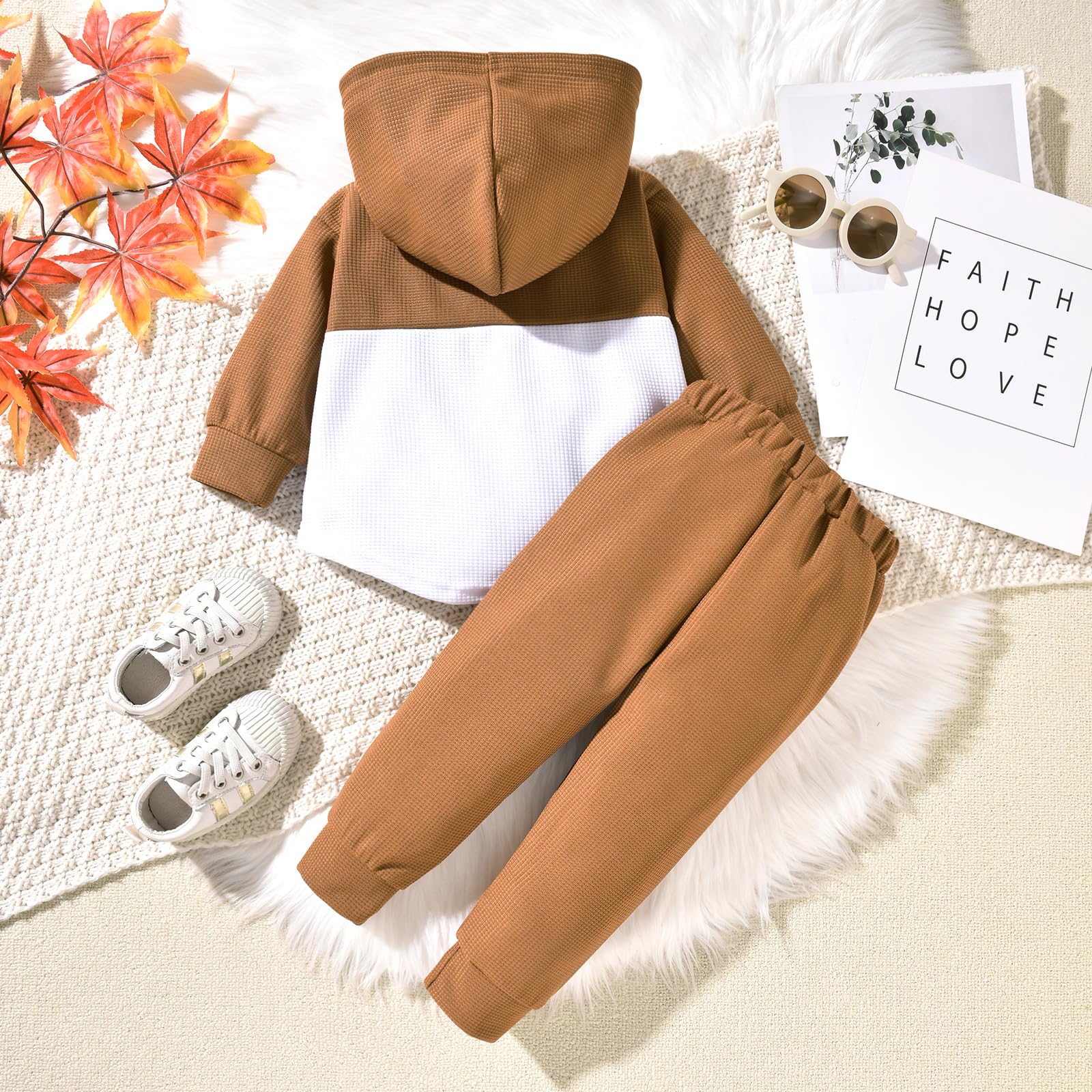 Boys' Fall Winter Waffle Hooded Sweatshirt & Pants Set - Color Block Long Sleeve Outfit for Toddlers | Warm Playdate & Preschool Clothing