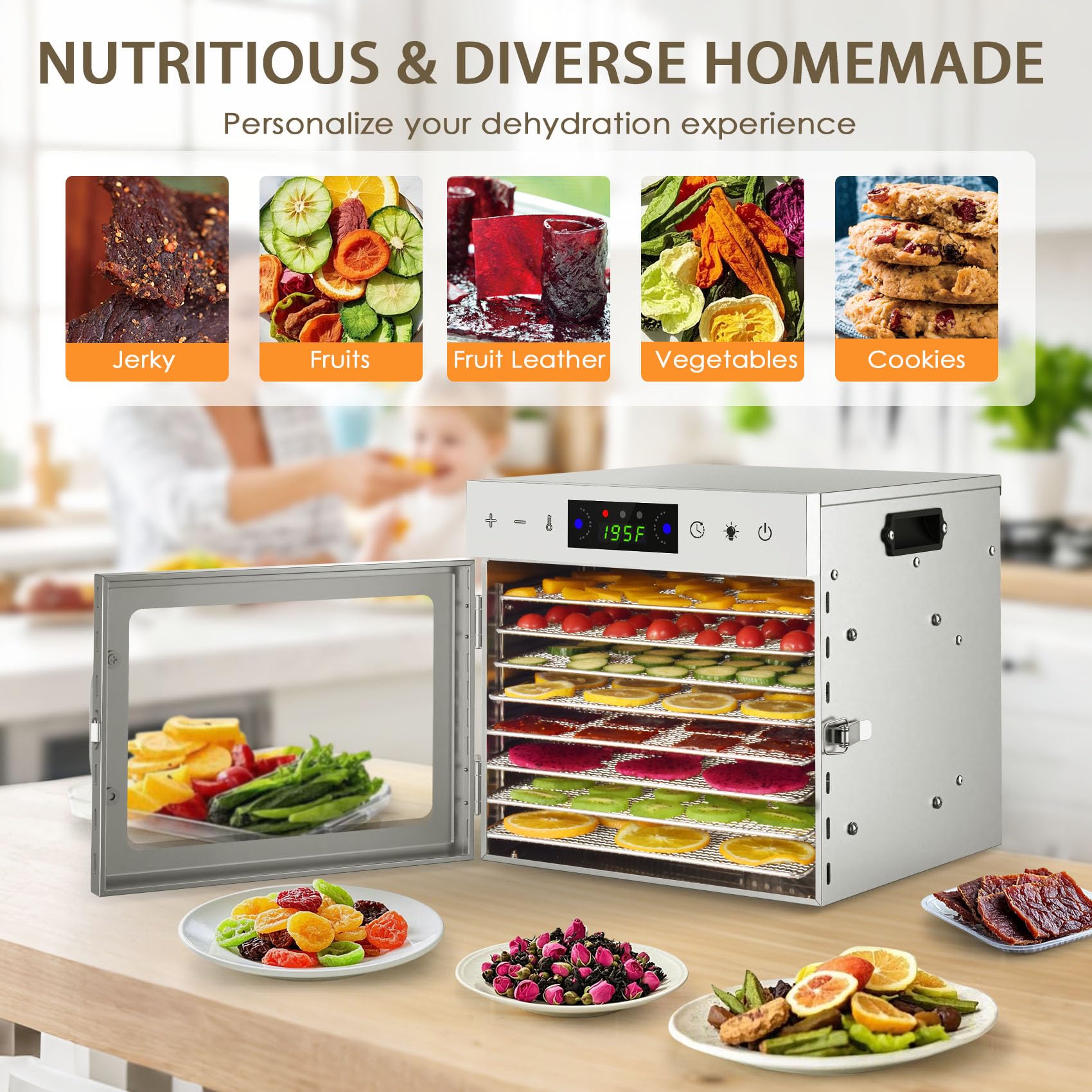 HOPERAN 8-Tray Stainless Steel Food Dehydrator Machine - Digital Timer & Temperature Control for Jerky, Herbs, Fruits - Overheat Protection with Free Recipe Book - Perfect for Home Kitchen, Camping & Healthy Snacks