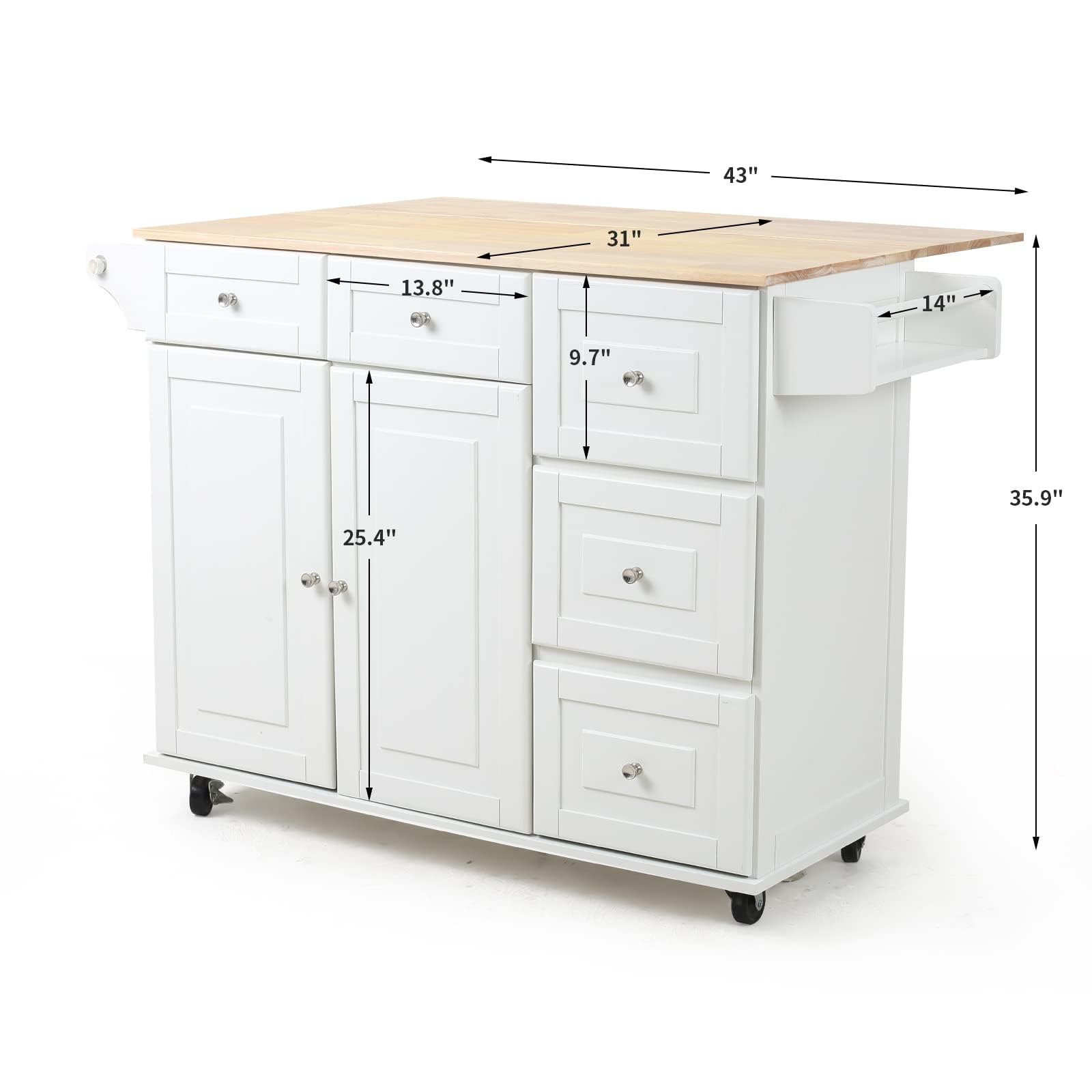 HOMREST Mobile Kitchen Island Cart with Drop Leaf, Wooden Countertop, Spice Rack, Adjustable Shelves & Drawers - White | Rolling Kitchen Cart for Small Spaces, Breakfast Nook, Dining Prep & Extra Storage