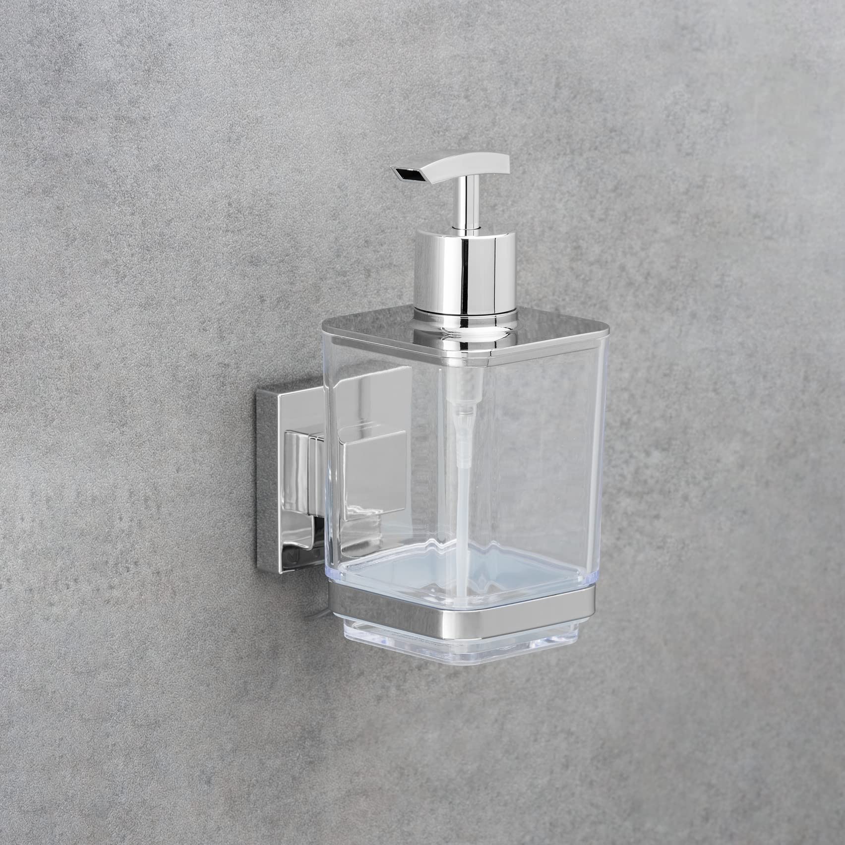 WENKO Vacuum-Loc Soap Dispenser Quadro - Stainless Steel, Silver Shiny (7.5 x 10 x 16 cm) - Perfect for Kitchen, Bathroom, and Office Hygiene