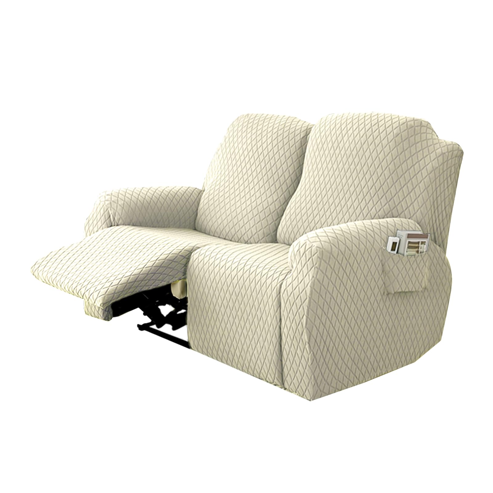 2 Seater Recliner Sofa Cover Protector - Thick Jacquard Slipcover with Pockets for Loveseat & Couch - Beige Furniture Protector for Living Room, Bedroom, and Home Theater Use