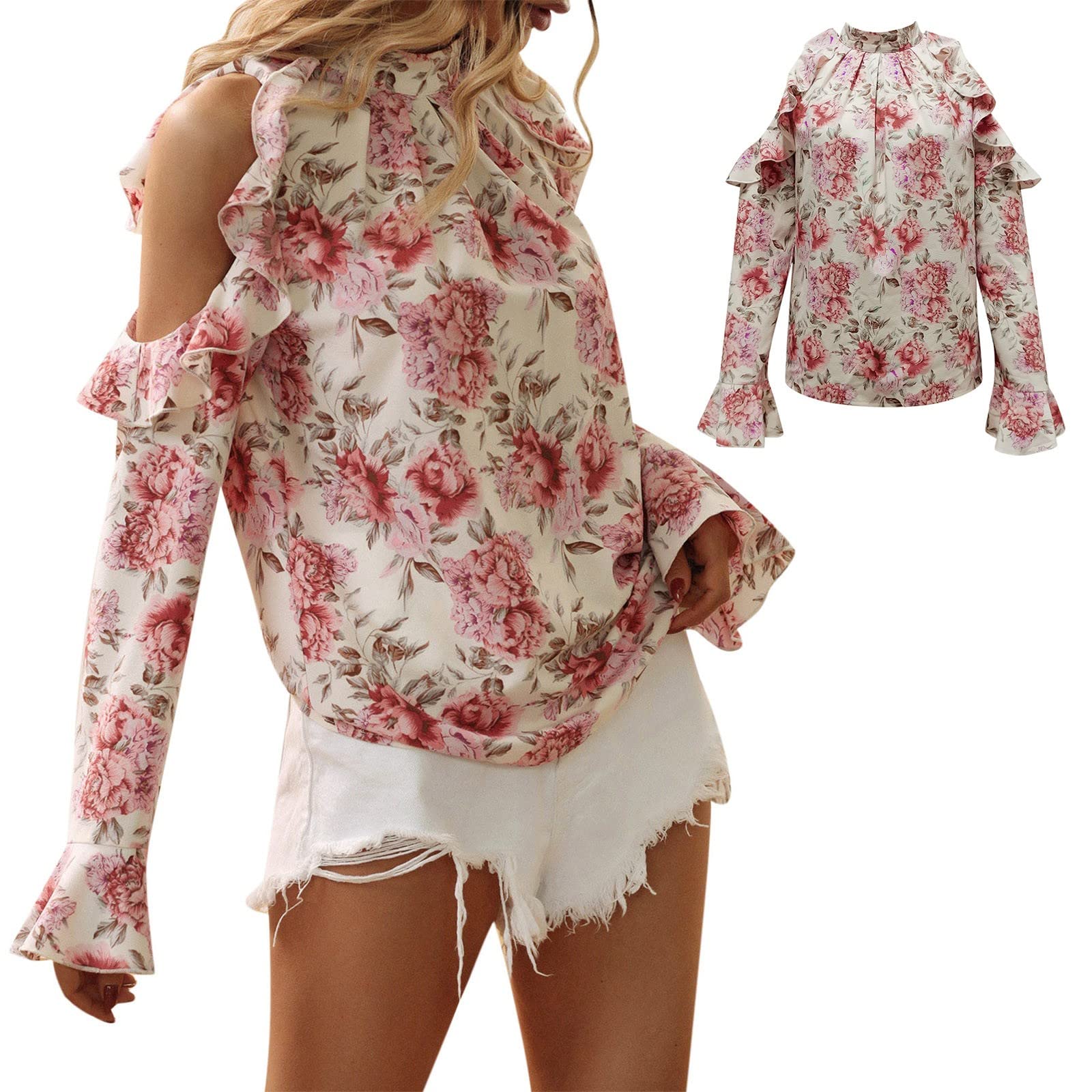 Smileyth Women's Floral Print Long Sleeve Round Neck T-Shirt - Casual Versatile Blouse for Christmas & Everyday Wear (Pink, Size S) - Perfect for Office, Dating & Holiday Outfits