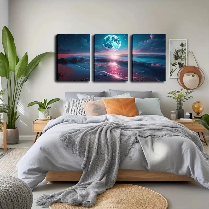 3-Piece Bright Big Moon Beach Wall Art Set - Framed 40x60cm Canvas Prints - High Quality Australian Made Wall Decor for Living Room, Bedroom & Office - Ready to Hang Coastal Home Decor