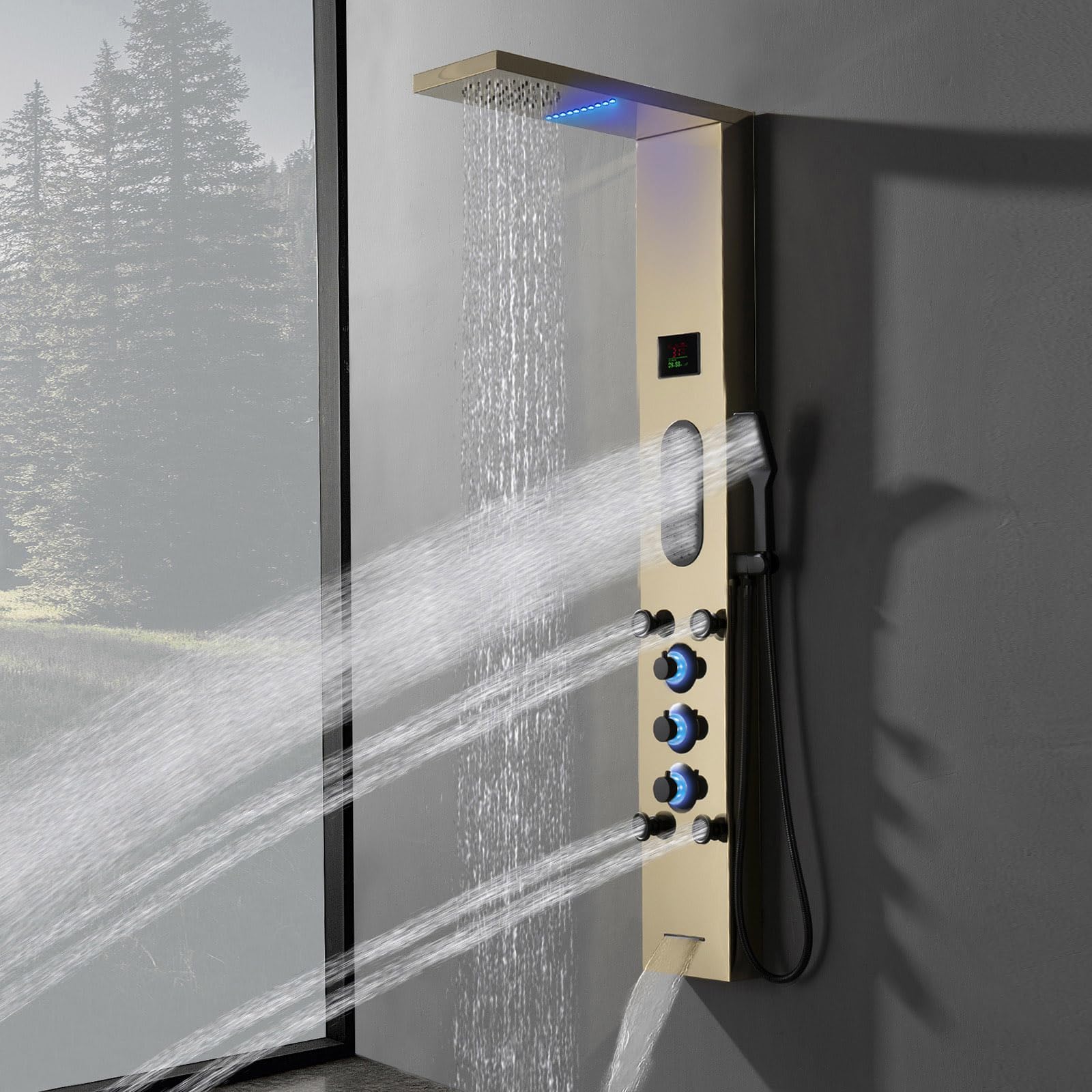 Gold Shower Tower System - Large Area Body Jet Massage Panel with Adjustable Jets, Temperature Display, Hand Shower & Tub Spout - Polished Gold Finish for Luxurious Bathroom Spa Experience (Ideal for Master Bath, Hotel Suites & Relaxation Therapy)