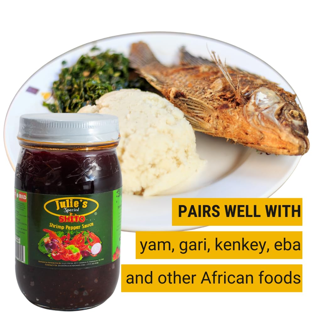 Premium Ghanaian Shito Sauce - Julie's Special Hot Shrimp & Fish Sauce with Spices & Dried Pepper (16oz) - Authentic African Flavor for Rice, Stews & Grilled Dishes
