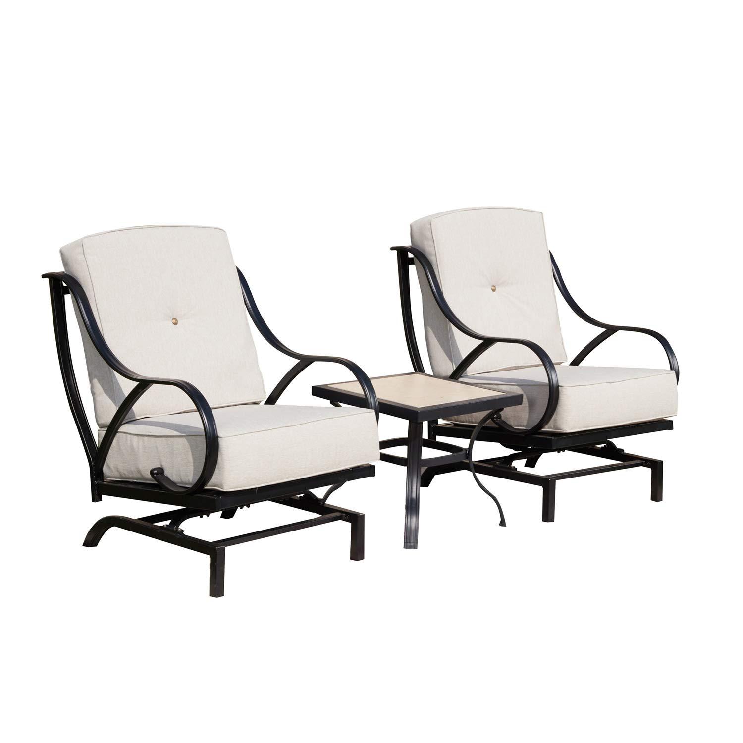 White 3-Piece Outdoor Patio Bistro Set with Rocking Chairs & Coffee Table - Metal Garden Furniture with Cushions for Balcony, Lawn, Deck & Backyard Relaxation
