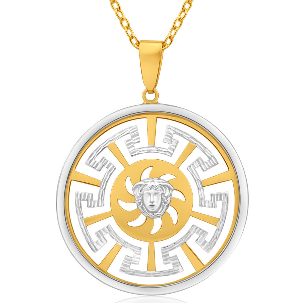 9ct Yellow Gold & White Tone Greek Key Pendant Necklace - Elegant Jewelry Gift for Women - Perfect for Weddings, Parties & Everyday Wear