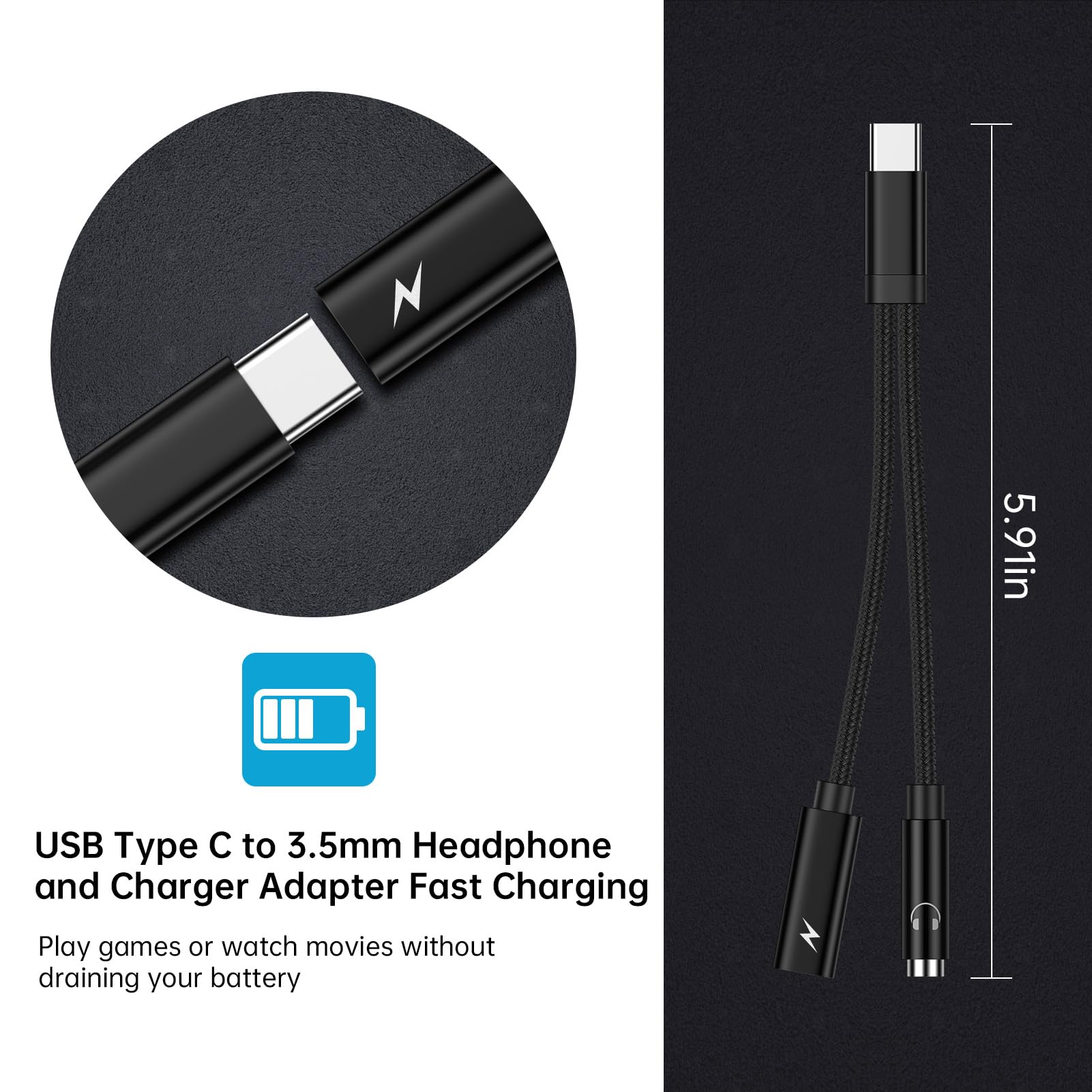 2-in-1 USB C to 3.5mm Headphone Jack & 60W PD Fast Charger Adapter for Samsung Galaxy S23/S22/S21/S24/iPhone 15/Google Pixel 8a/7 - Dual Port Audio & Charging Dongle for Travel, Gaming & Work